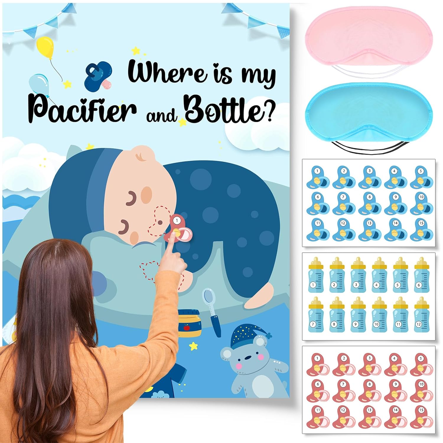 Pin The Pacifier On Baby Game Baby Shower Games Pin The Bottles With 45 Pcs Pacifier Bottle Sticker Blindfold Glue Point Birthday Party Favors Supplies