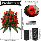 Artificial Cemetery Flowers For Grave, Artificial Rose Memorial Flowers With Vase For Cemetery Headstones Gravesites Decoration Long-Lasting Remembrance (Red)