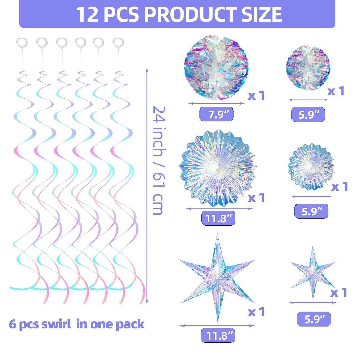 12 Pcs Iridescent Party Decoration,Hanging Honeycomb,Decorative Iridescent Foil Fan,Shiny Star, Hanging Rainbow Swirl For Wedding,Christmas,Baby Shower Frozen,Mermaid Themed Birthday Party Supplies