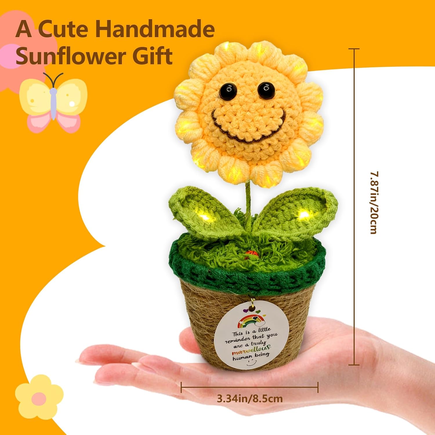 Handmade Inspirational Gift Light-Up Positive Sunflower Emotional Support Crochet Flower Gift For Women Men Birthday Thank You Gifts For Coworkers Teacher Friends Family