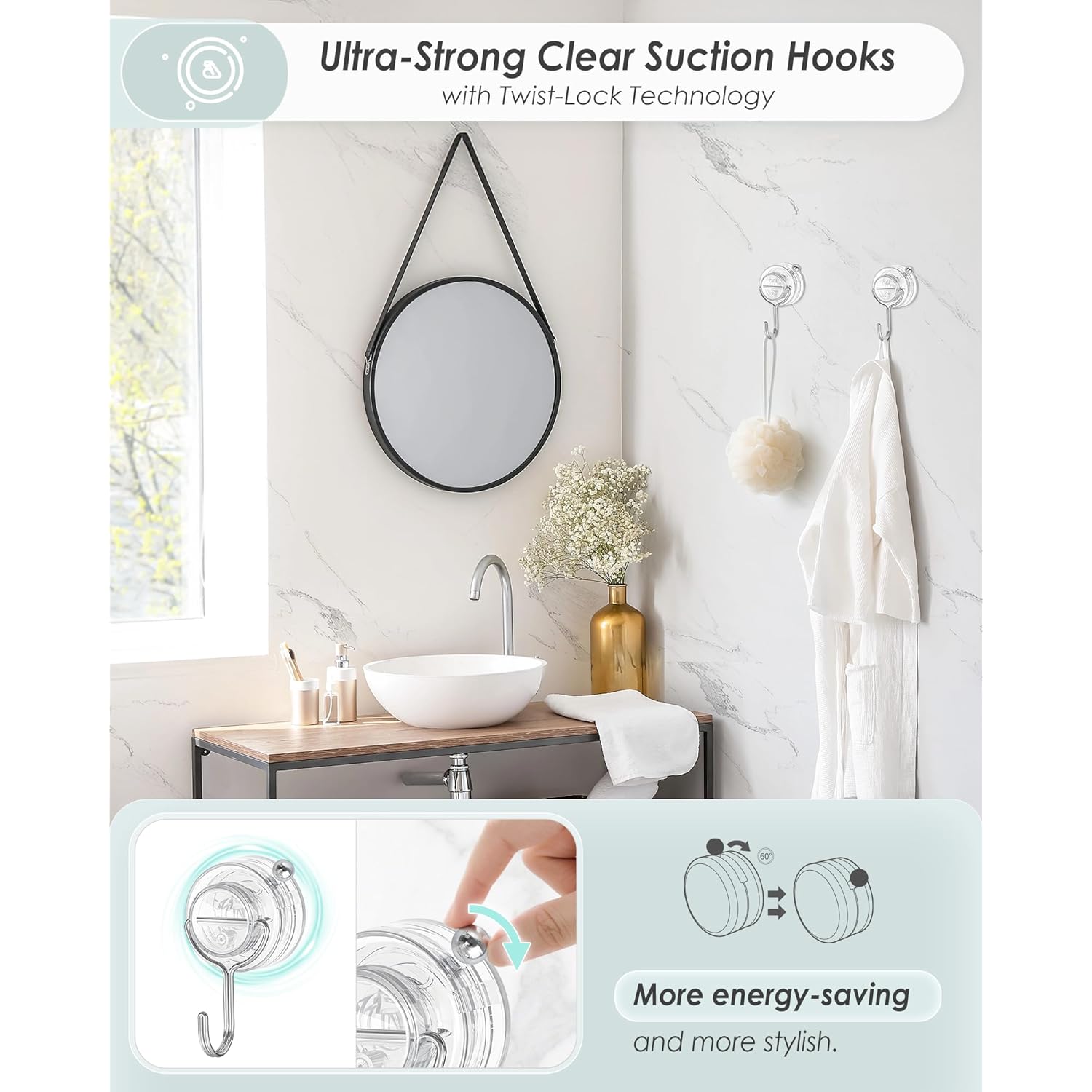 Suction Cup Hooks For Shower, Upgrade Twist-Lock Clear Suction Towel Hooks Heavy Duty Removable Bathroom Suction Hooks For Shower Tile Wall Glass Door Window 2 Pack