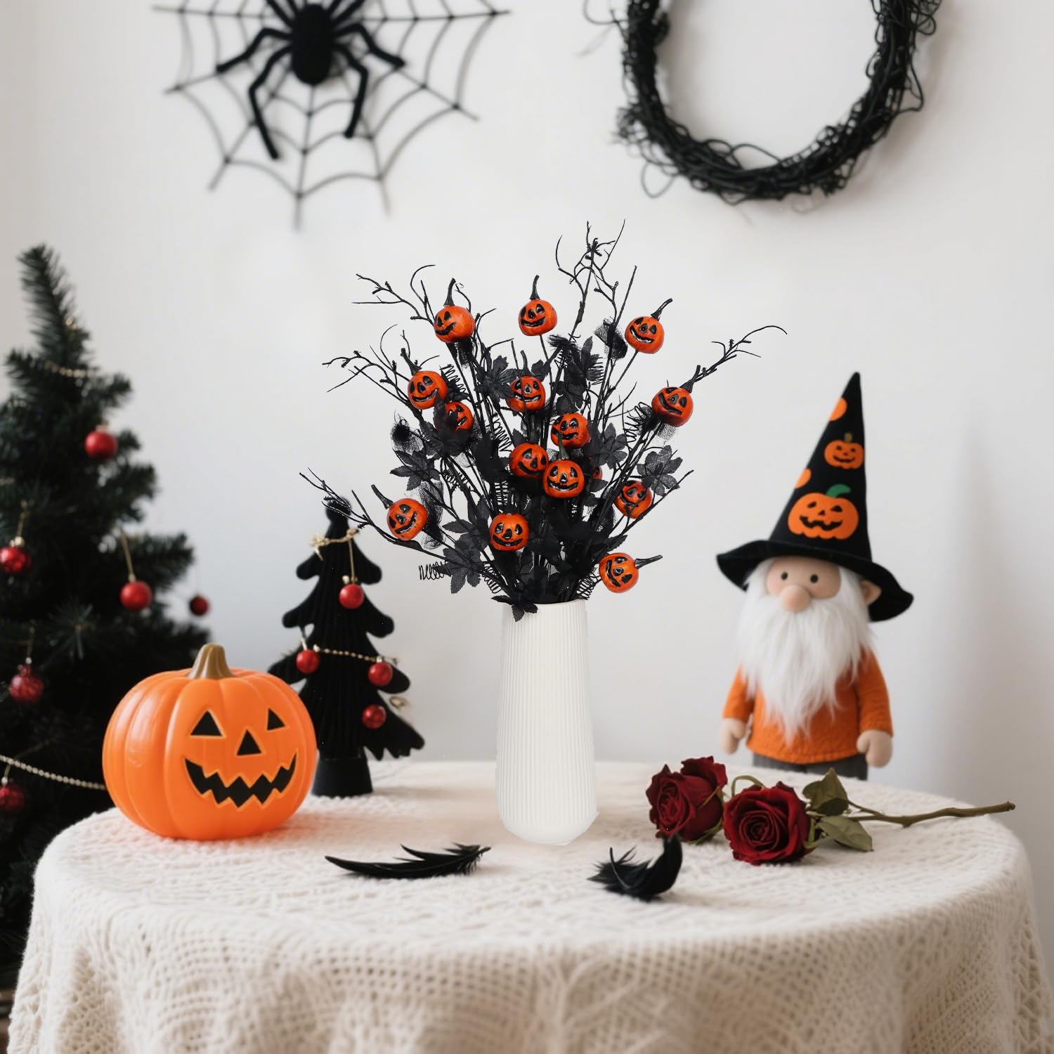 5Pcs Halloween Decorations, Black Artificial Flowers, 21 Inch Artificial Pumpkin Maple Leaf Floral Stems Halloween Branches Decoration For Indoor Home Farmhouse Party Vase Arrangement Décor