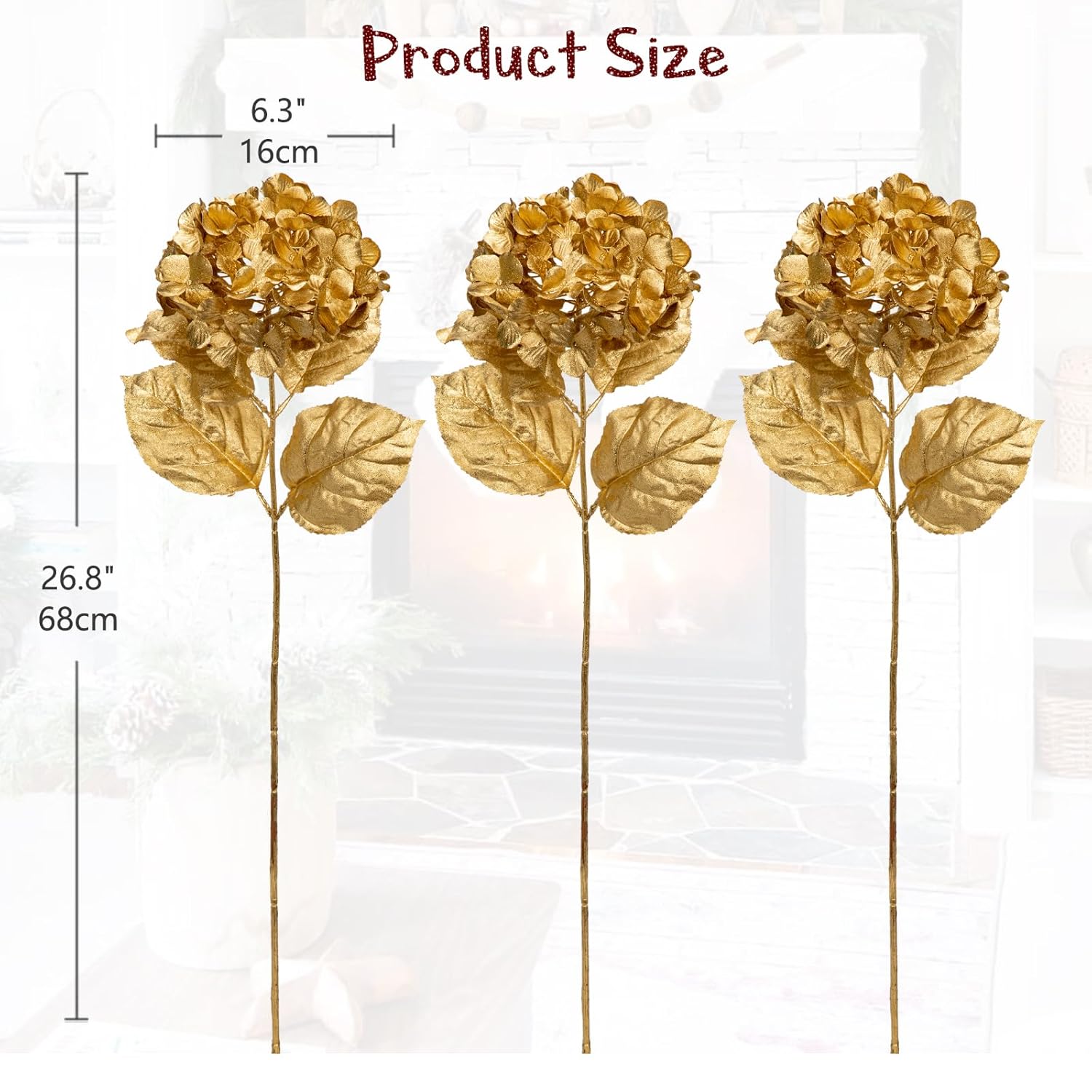 3Pcs Christmas Flowers Gold Artificial Hydrangea Flowers 26.8Inch Fake Hydrangea Flower Floral Arrangements Bouquets Xmas Faux Hydrangea Stems Wedding Party Centerpieces Christmas Home Decor