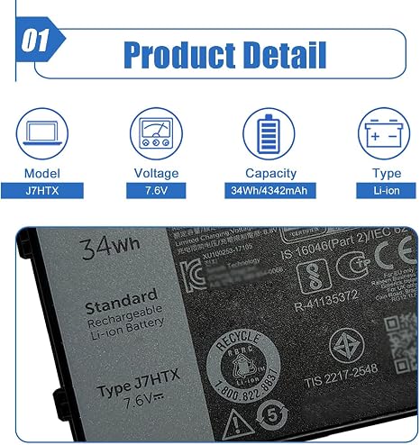 J7HTX 7XNTR 7.6V 34Wh Replacement Laptop Battery for Dell Latitude Rugged Extreme Tablet