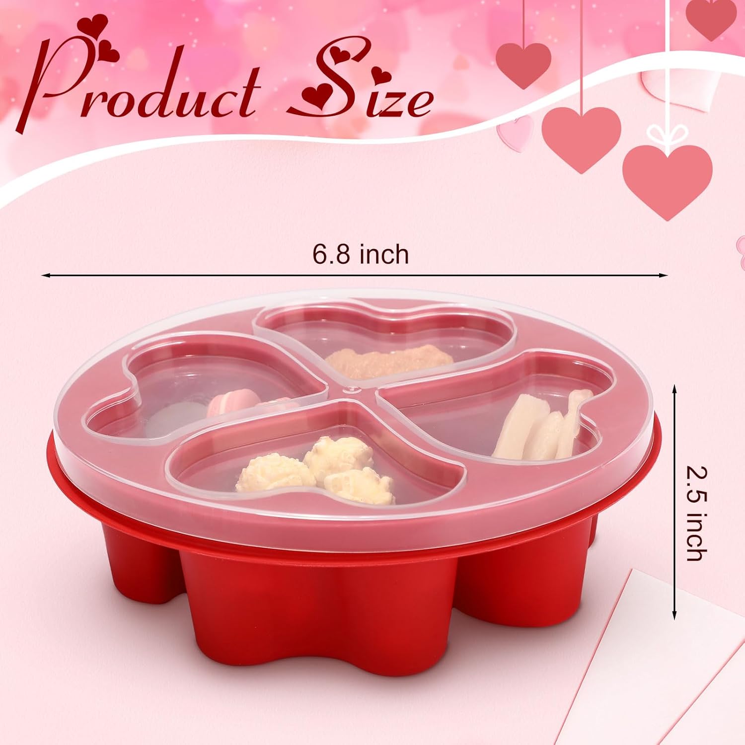 6 Pcs 6 Pcs 6.8 Inch Valentine'S Day Divided Dessert Serving Tray Heart Red 4-Compartment Snack Container Box Reusable With Press-Fit Lids For Christmas Mother'S Day Lunch Meal Snack