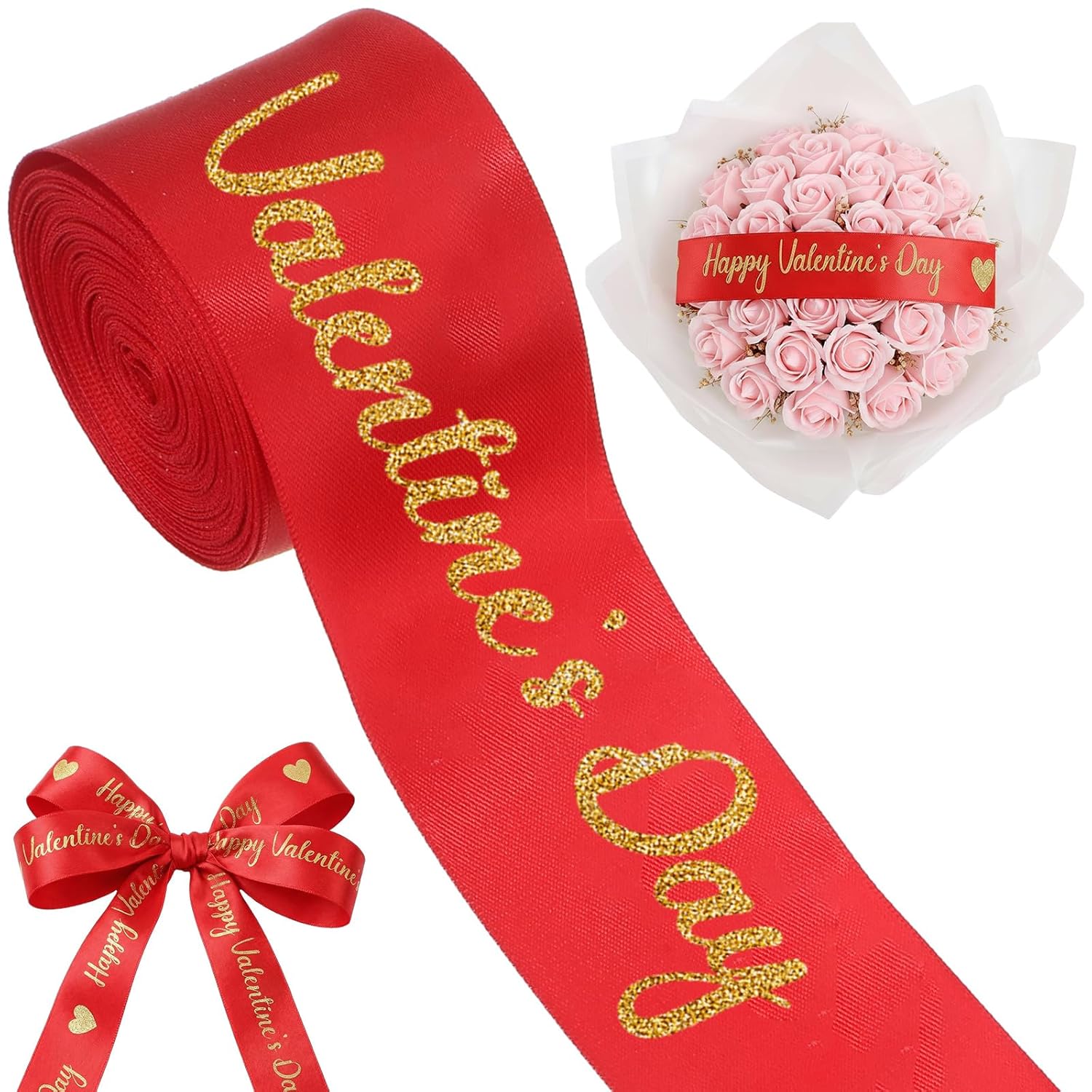 10 Yards Happy Valentine'S Day Ribbon Glitter Red Gold Heart Ribbon Craft For Hair Bow Wreath Crafts Gift Wrapping Flower Bouquet Anniversary Wedding Decor Birthday Party Supply(2 Inch)
