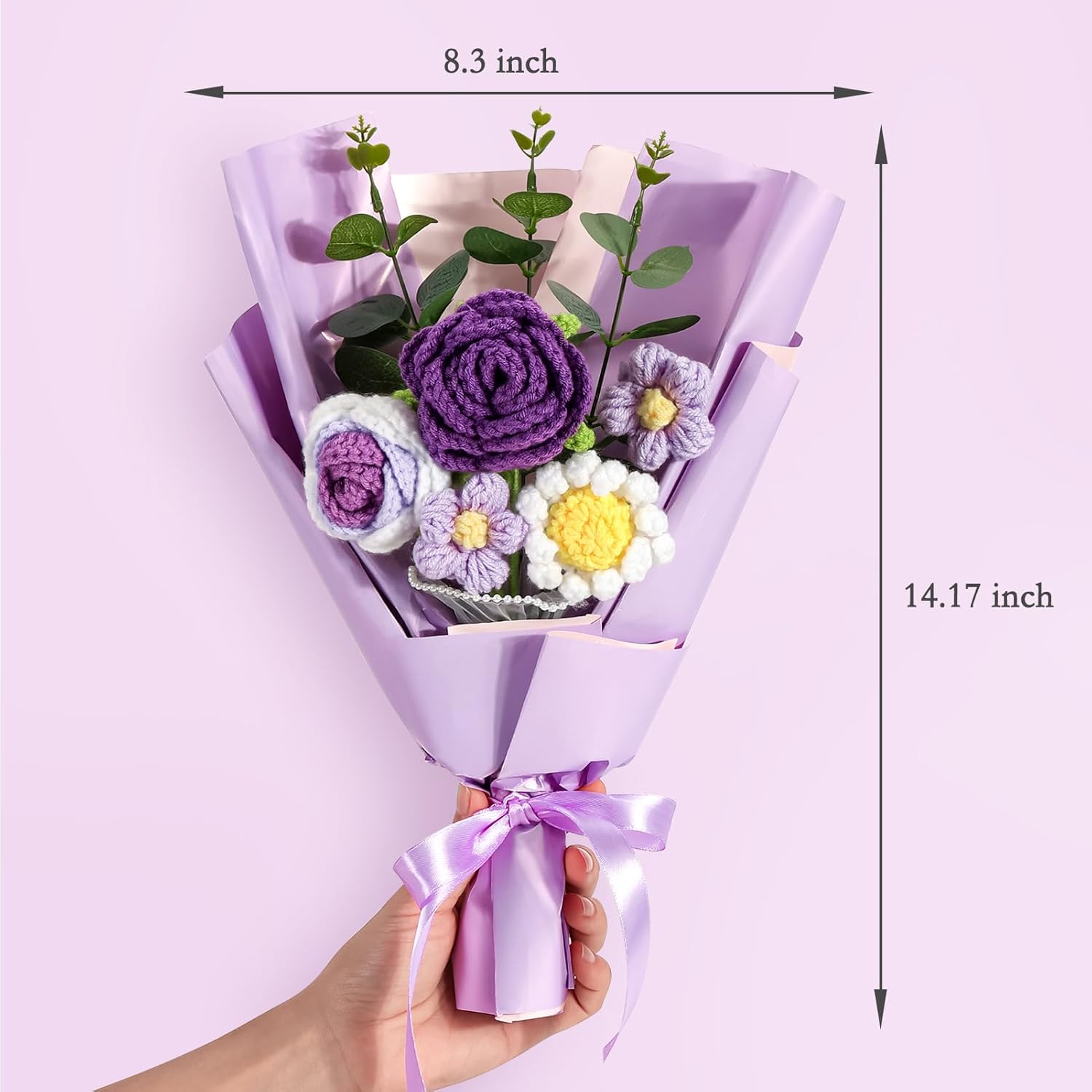 Crochet Flowers Bouquet, Knitted Rose Daisy Bouquet With Exquisite Purple Wrap Eternal Blessing For Mom Gift, Christmas Valentine'S Day Birthday Wedding For Her