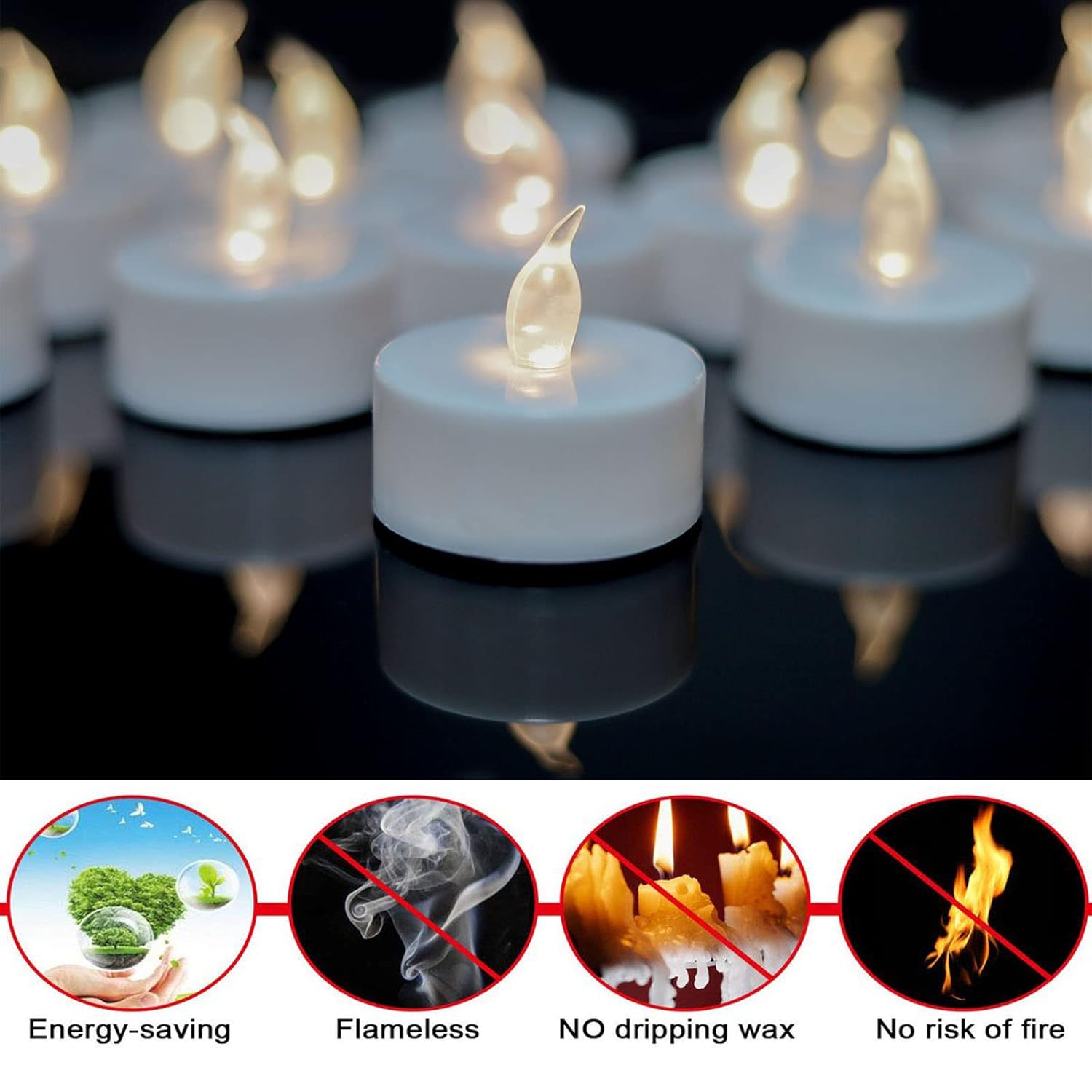 Tea Lights - 50 Pack Flameless Led Candles - 200 Hour Battery Operated - Realistic Flickering - Warm White Light - Perfect For Halloween & Seasonal Celebrations