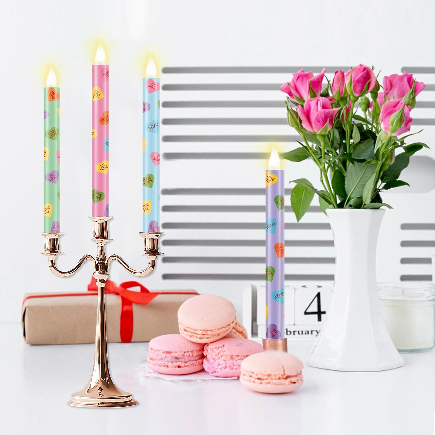 6 Pcs Valentines Day Flameless Taper Candles 8.7 Inch Candy Conversation Heart Battery Operated Led Candlesticks For Valentines Day Home Party Decor Anniversary Wedding Supplies