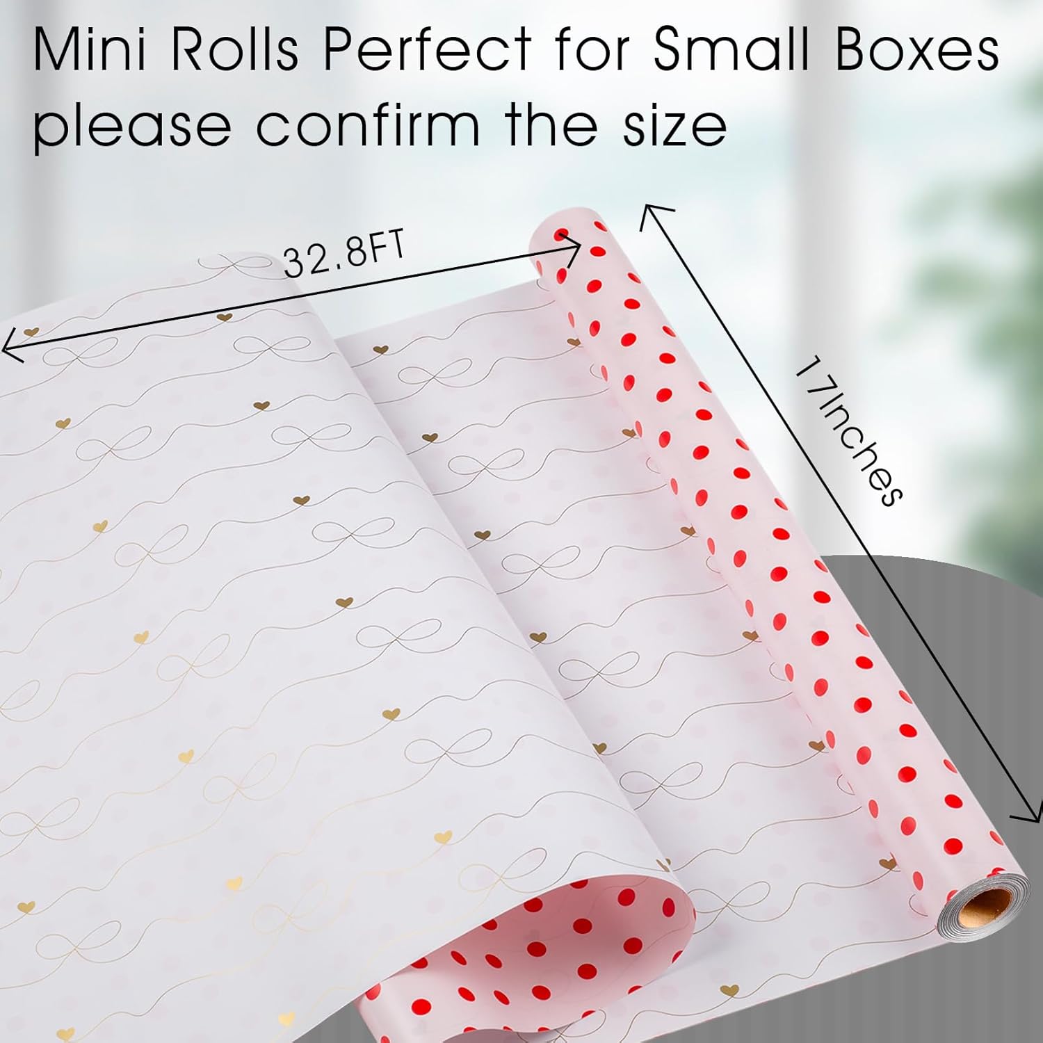 Red Polka Dot Wrapping Paper,Reversible Pink Gold Elegant Bow & Heart Gift Wrap Suitable For Birthday,Girls,Baby Shower,Wedding (17 Inch X 32.8 Feet)