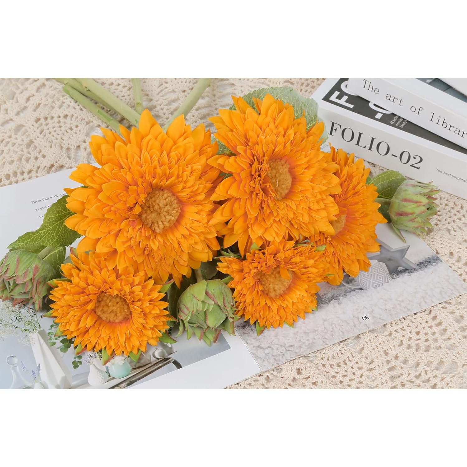 Artificial Sunflower Bouquet With Long Stems Fake Sunflowers Silk Flowers With 5 Heads Faux Sunflower Bouquet For Wedding Party Home Office Decoration Dining Table Centerpiece (Orange1Bunches)