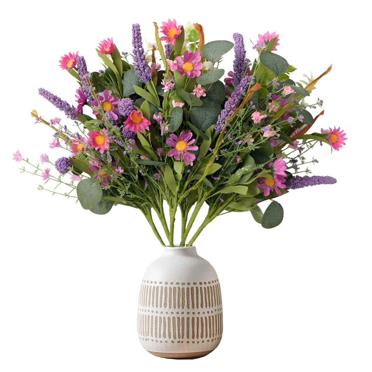 Artificial Faux Plants Flowers Indoor Spring Summer Decor, 6 Bundles Fake Silk Daisies Lavender Branches For Indoor Outdoor Wedding Office Party Hotel Home Decor, Vase Not Included