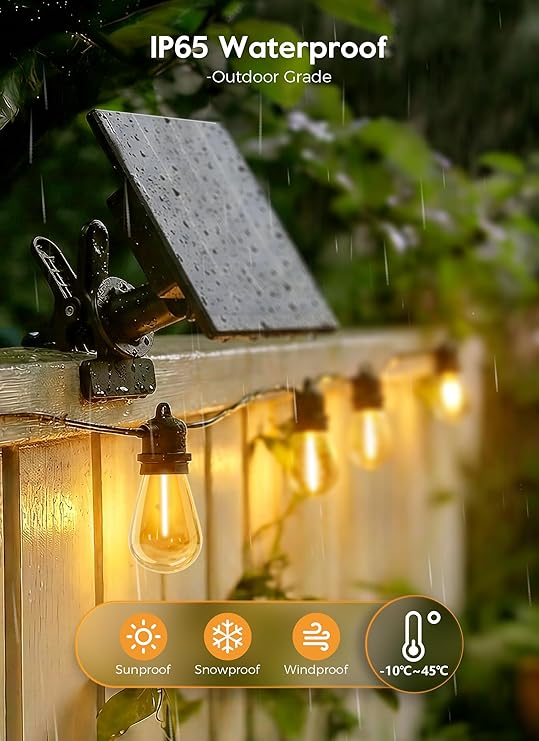 100FT Solar S14 String Lights Waterproof Remote Type C Dimmable Patio Lights