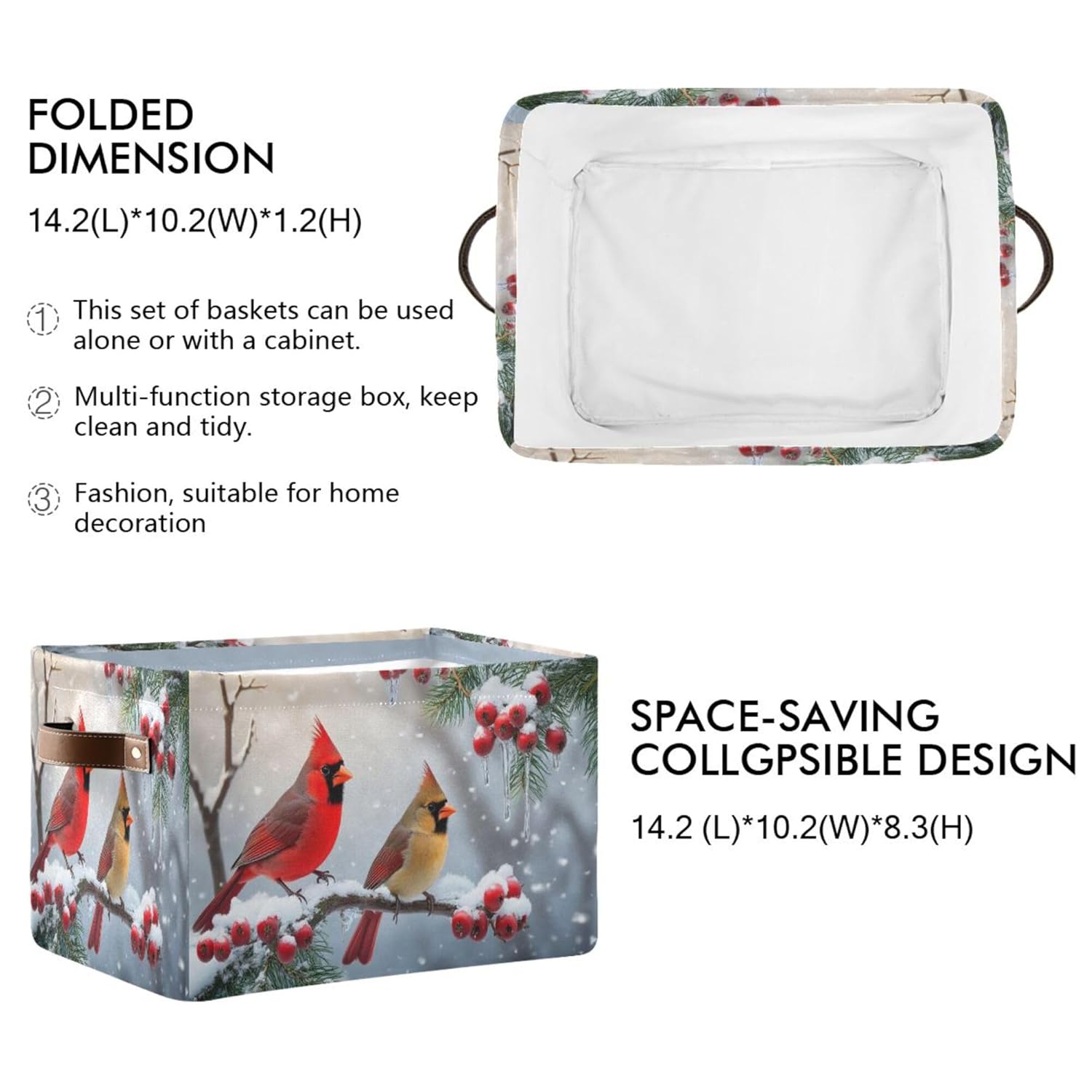 Winter Cardinal Birds Snow Storage Basket Fabric Laundry Baskets Christmas Tree Holly Berry Branches Storage Boxes Organizer Bag For Baby Cloth Dog Toy Book Storage Cubes Shelf Closet Bins 16×12×8
