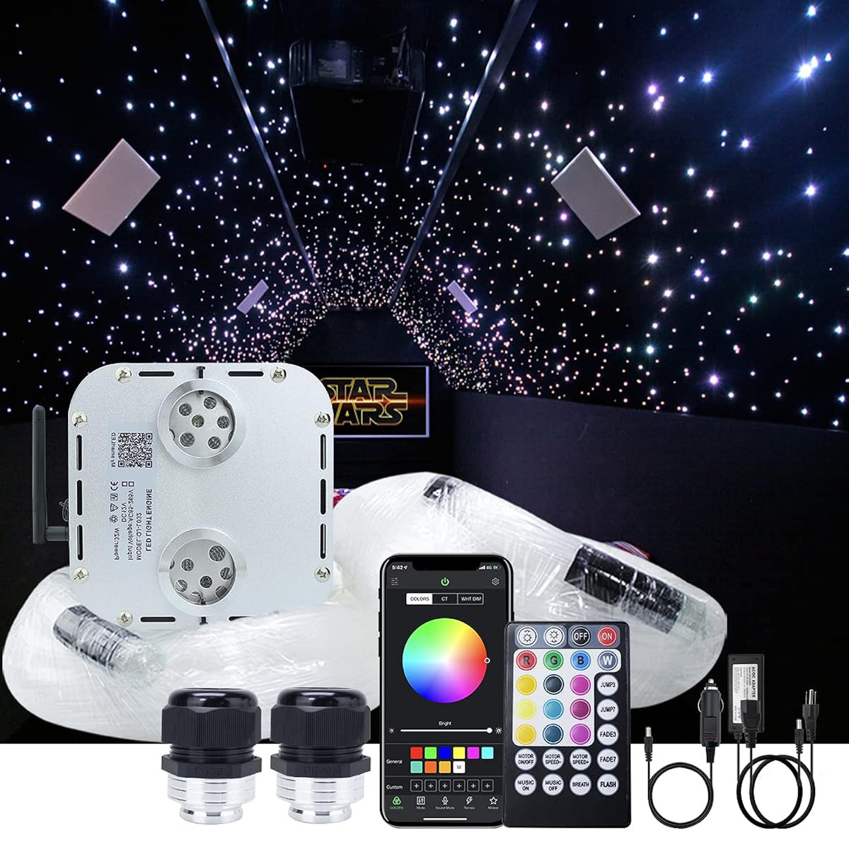 32W Dual Head Rgbw Twinkle+ Sound Activated+App Fiber Optic Lights Kit Star Ceiling Sky Light 16.4Ft/5M Total 1550Pcs Of Mixed Strands 0.75+1+1.5Mm For Home Indoor Decor/Car Headliner Starlight