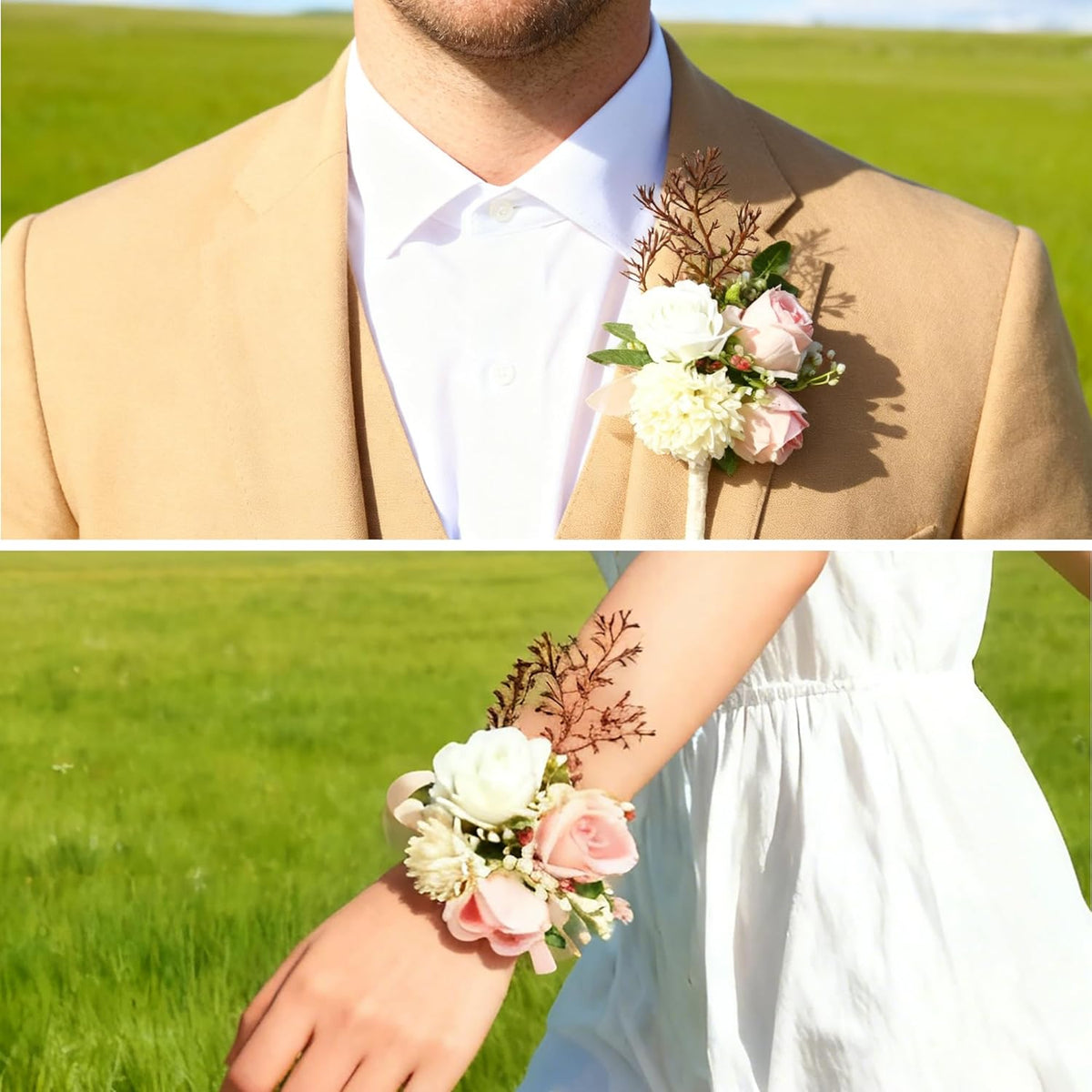 Floral Corsage And Boutonniere Set, Artificial Wrist Corsage And Groom Boutonniere For Prom, Wedding Party, Dance, Or Ceremony, For Men And Women