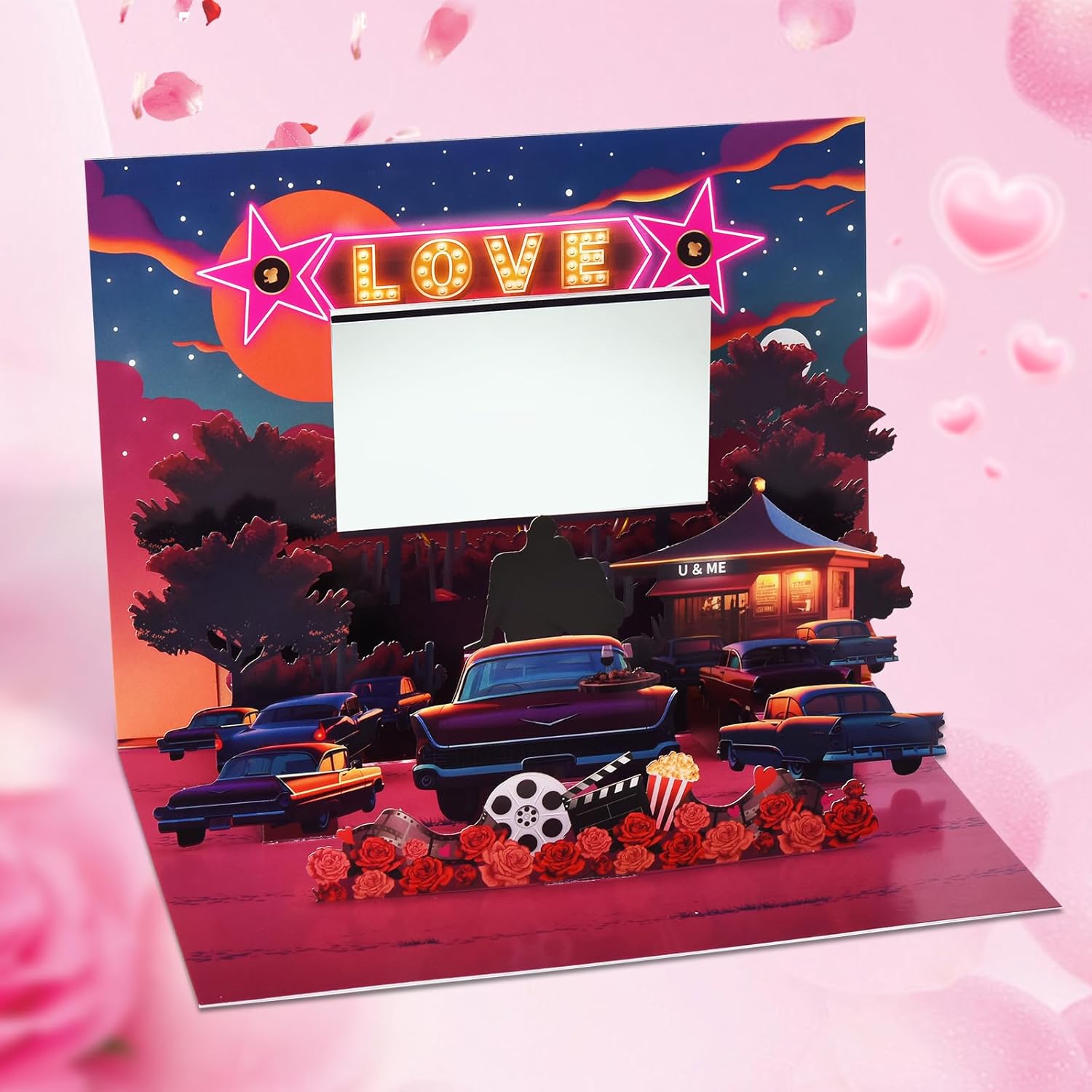 Valentine’S Day Card With Lights & Music, 3D Pop Up Musical Anniversary Card For Wife Husband Girlfriend Boyfriend, Romantic Drive-In Movie Theater Sweet Greeting Card For Couples