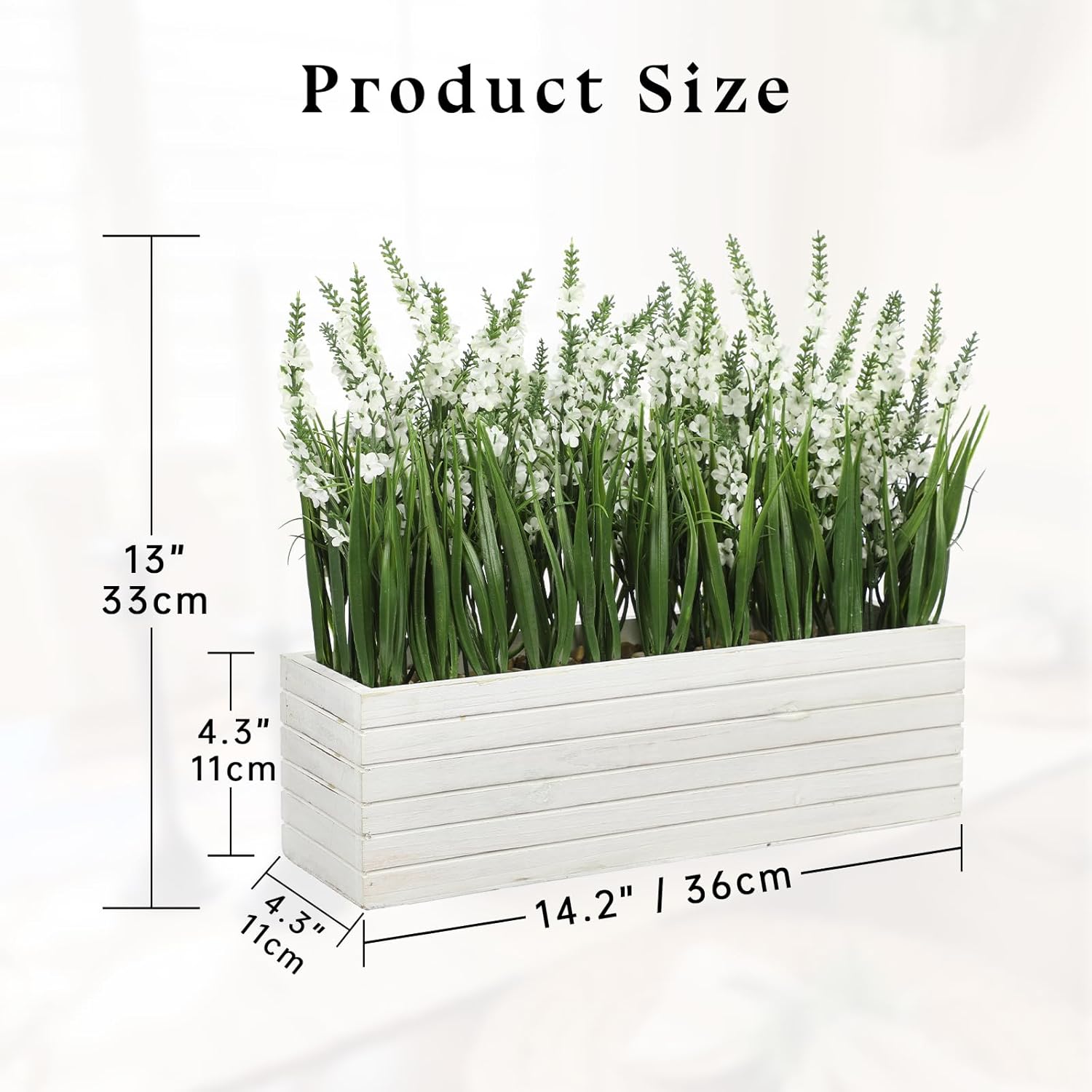 14 Inch Artificial Lavender Flower Arrangement In Rustic Rectangular Wood Planter Box White Fake Lavender Flower Faux Potted Lavender Plants For Table Centerpiece Windowsill Shelf Home Decor Indoor
