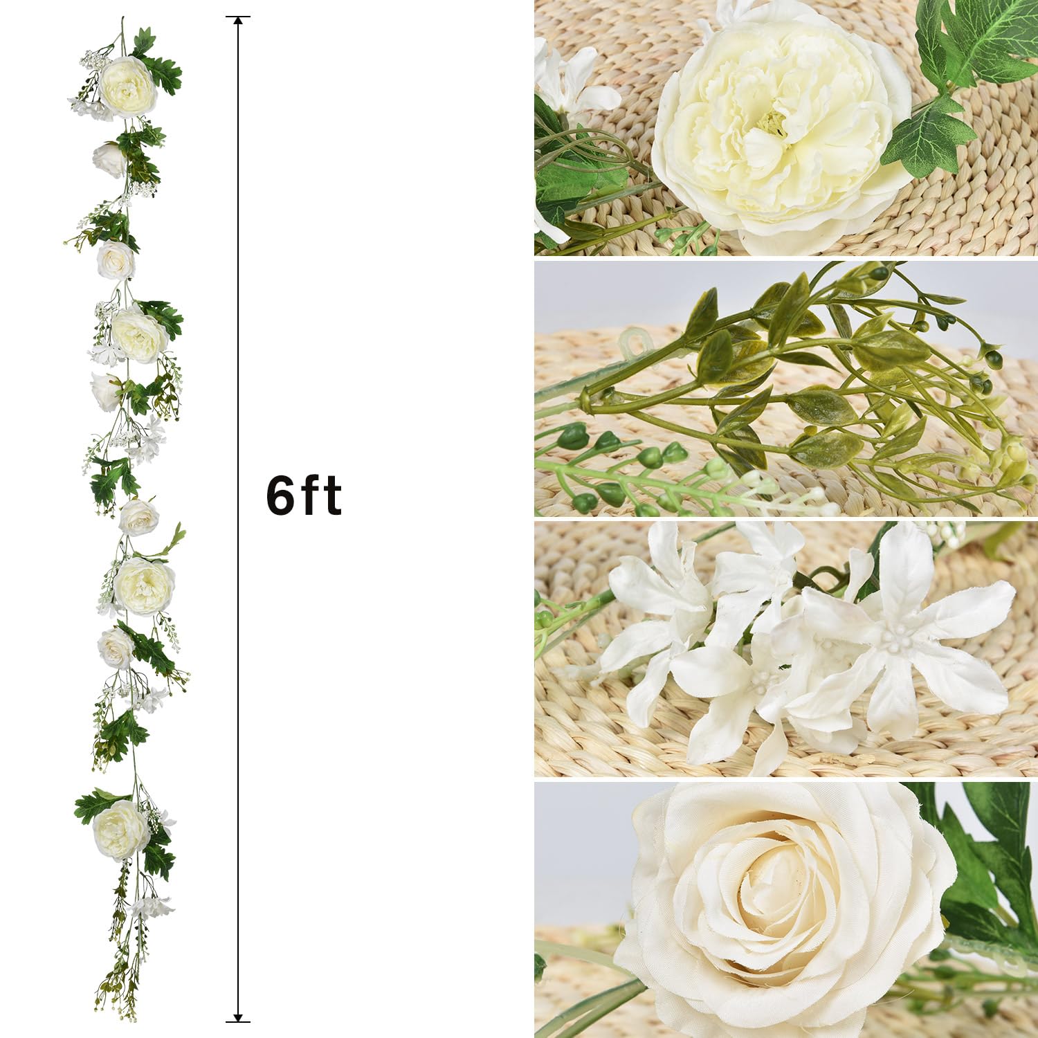 2 Pack Artificial Peony Garland - 6Ft Silk White Peony Flower Arch Vine For Wedding Party Table Decoration