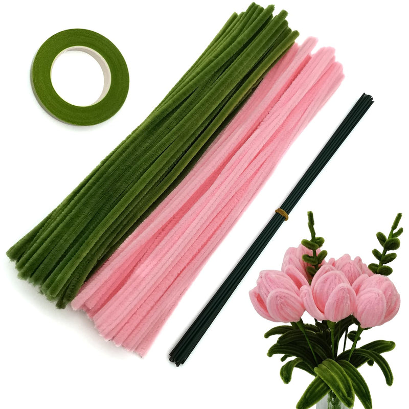 200 Pcs Pink Olivegreen Pipe Cleaners Set With Floral Wires & Gardening Tape,