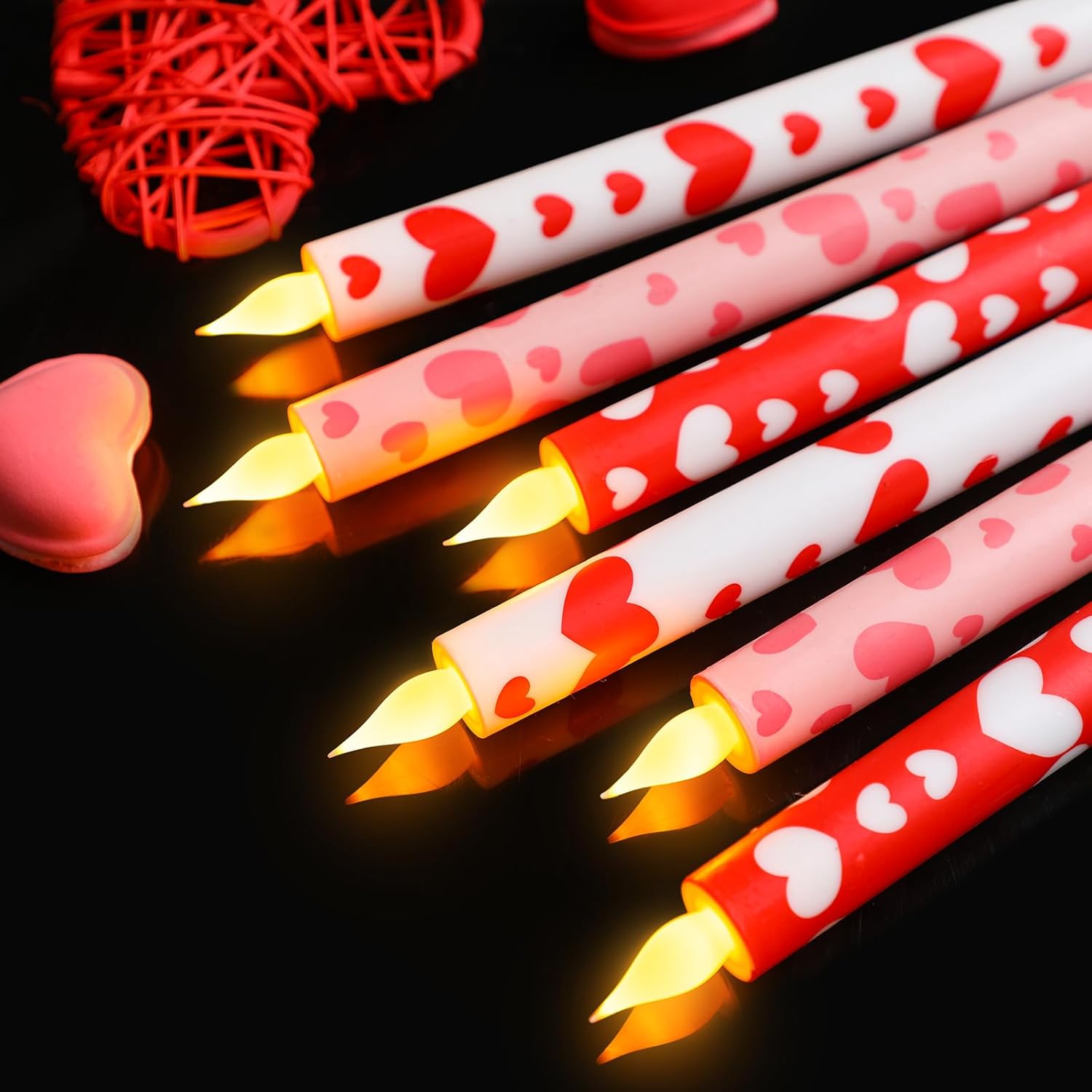 6 Pcs Valentine Day Flameless Taper Candles 10.6 Inch Heart Shaped Candles Battery Operated Led Candlesticks For Valentine Wedding Anniversary Dinner Table Home Party Decor