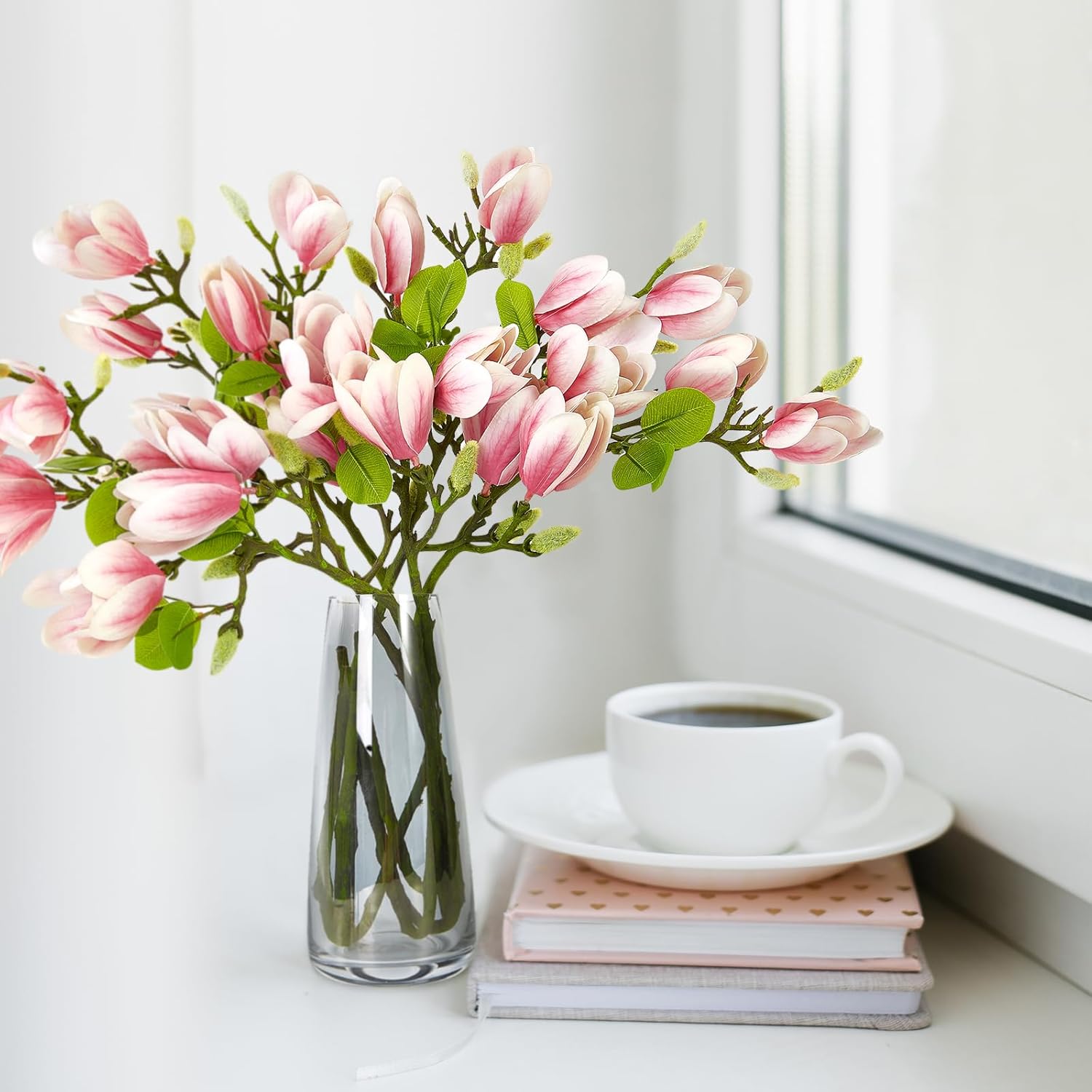 6 Pcs 27Inch Artificial Magnolia Flowers 3D Real Touch 24 Heads Faux Magnolia Flower Buds Realistic Long Stem With Lush Green Leaves For Home Wedding Table Office Floral Arrangement Decoration (Pink)
