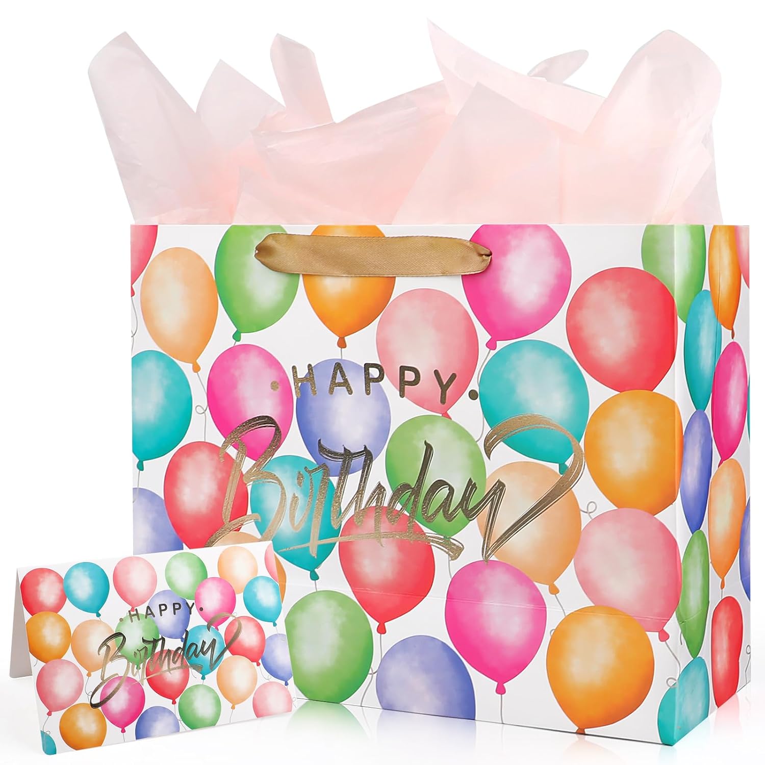 13" Large Happy Birthday Gift Bag With Tissue Paper And Card,Colorful Happy Birthday Gift Bag Set With Handles For Girls Kids Women,Colorful Balloon Design With Handles