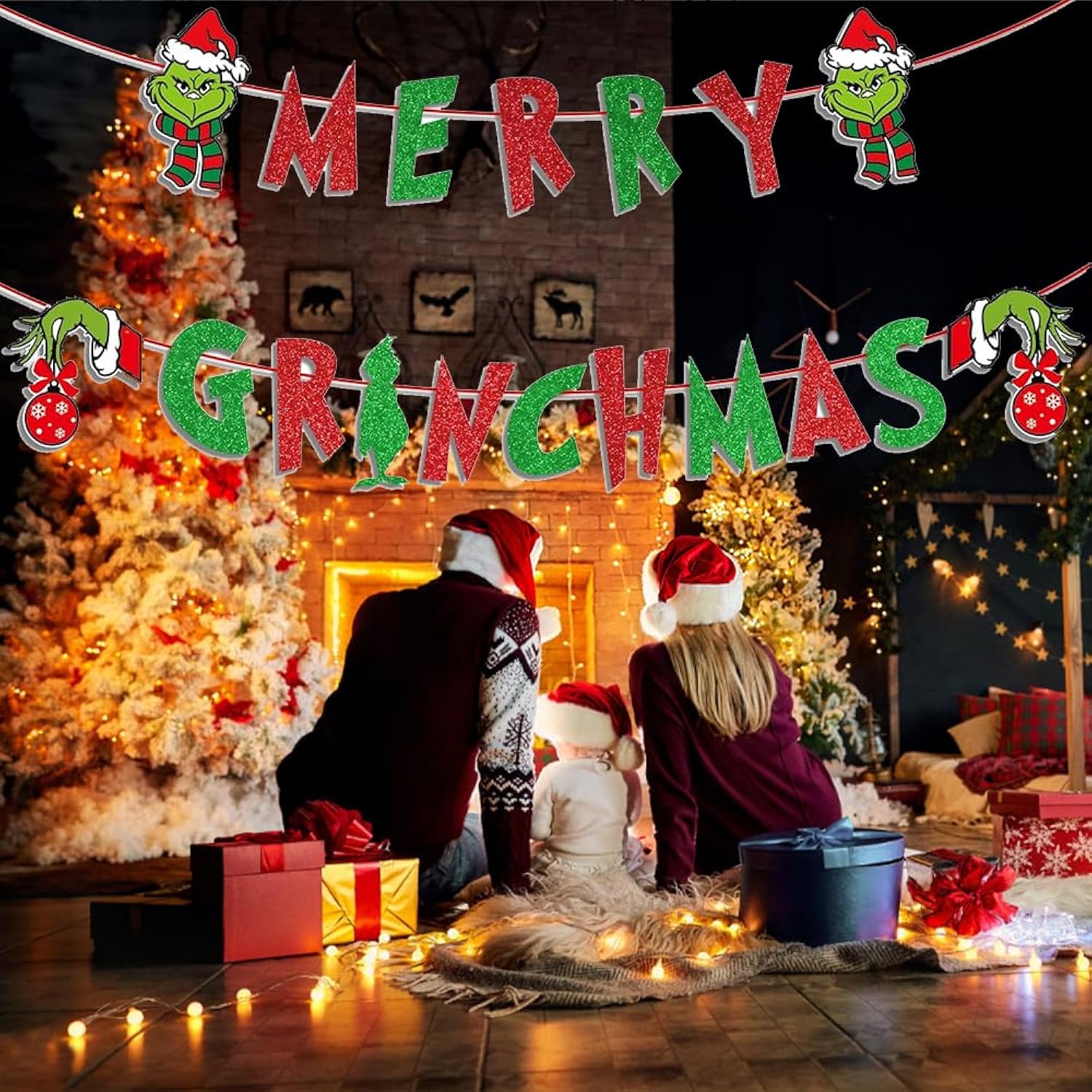 Pre-Strung Merry Grinchmas Banner Decorations For Christmas, Cute Red Green Glittery Grinchmas Banner Sign For Christmas Party Home Office Fireplace Mantel Photo Props Backdrop Decor