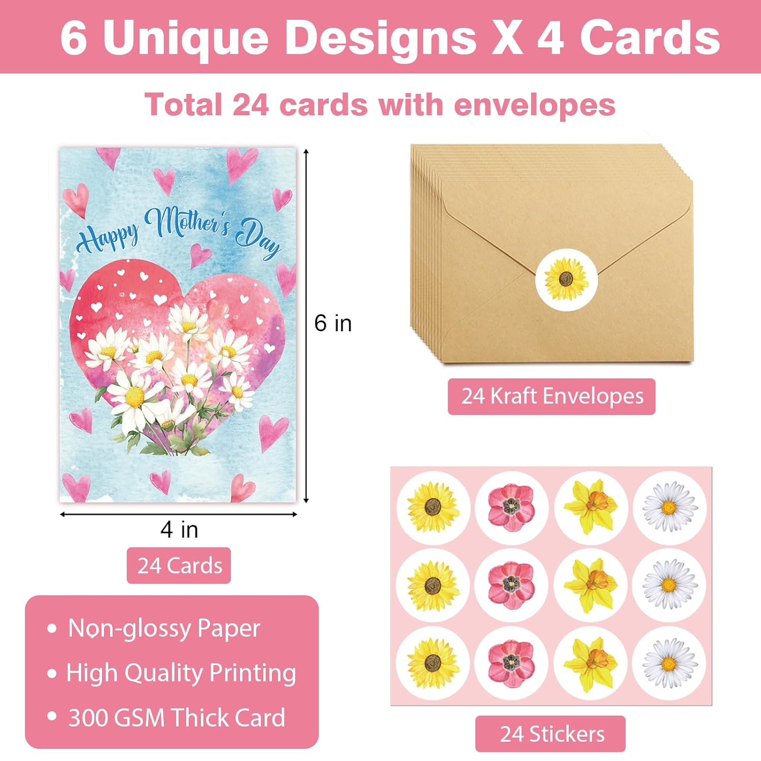 24 Pack Happy Mother'S Day Cards Bulk, Floral Mothers Day Cards With Envelopes And Stickers, Great For Mom, Mother-In-Law, Stepmom, Grandma, Aunt, Godmother, Sister, Friend, Daughter, Etc - 6 X 4 In
