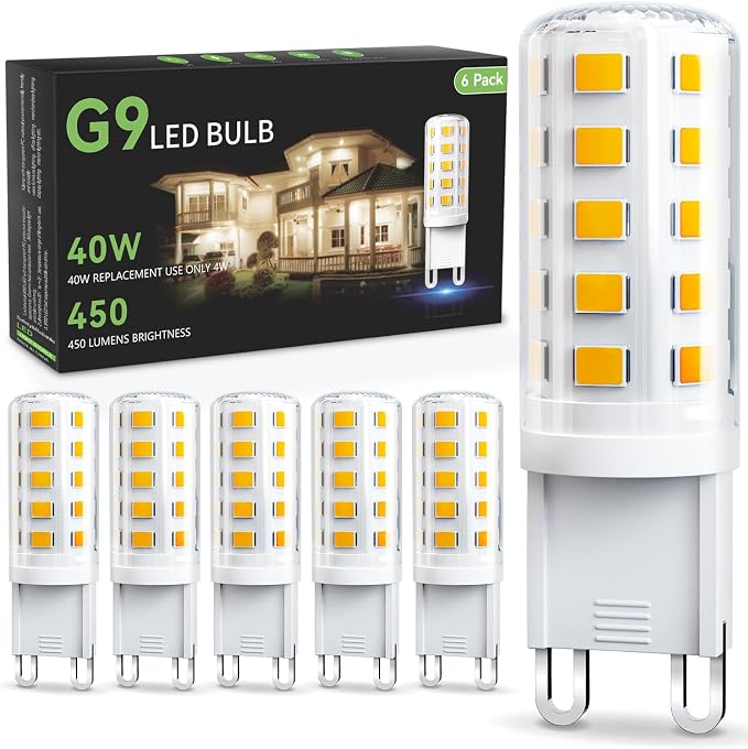6 Pack G9 LED Bulbs 4W 40W Equivalent 3000K Soft Warm White 450 Lumens Non Dimmable