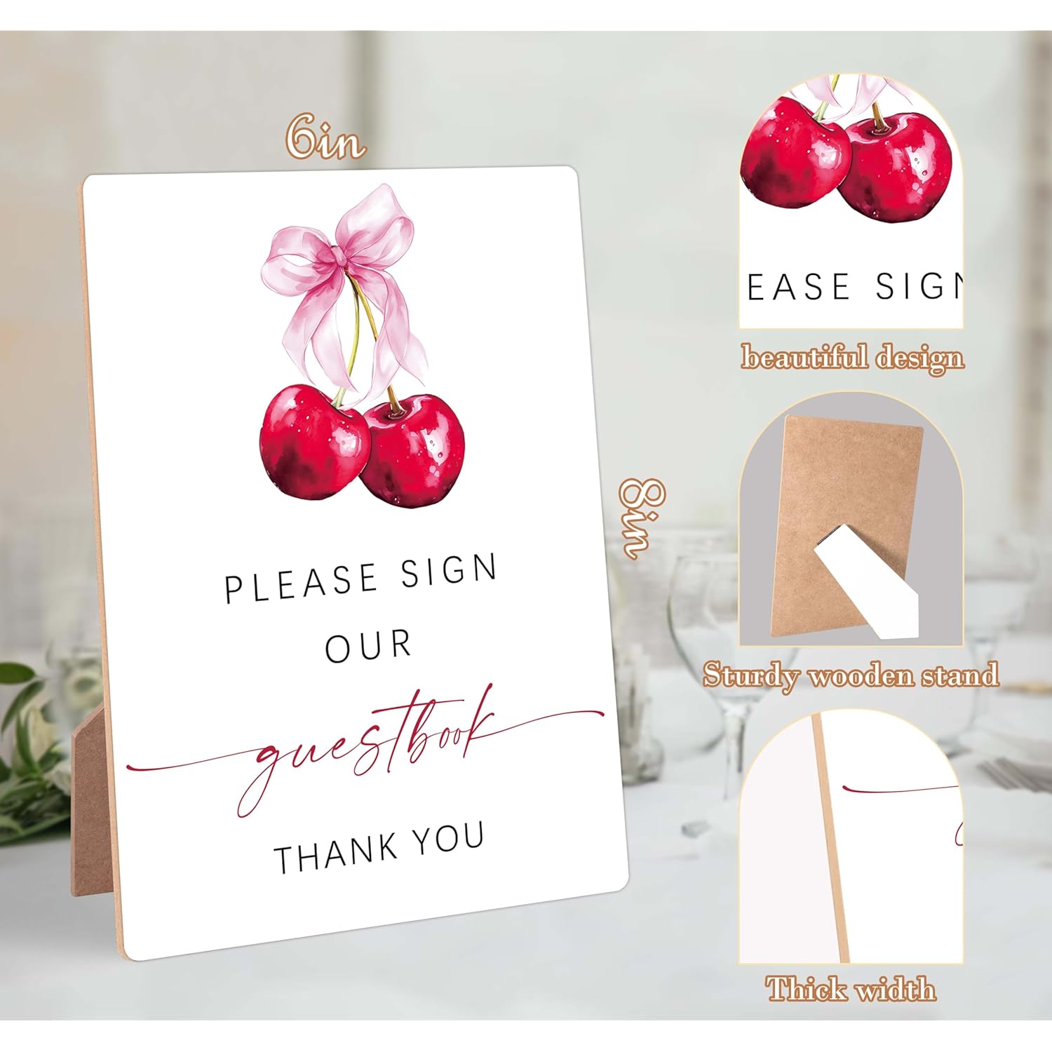 Cherry Wedding Signs For Reception, Pink Bow Please Sign Our Guestbook, Berry Wooden Wedding Signs With Stand, Pink Bow Bridal Shower Decoration, Bridal Shower Party Supplies For Reception, 14