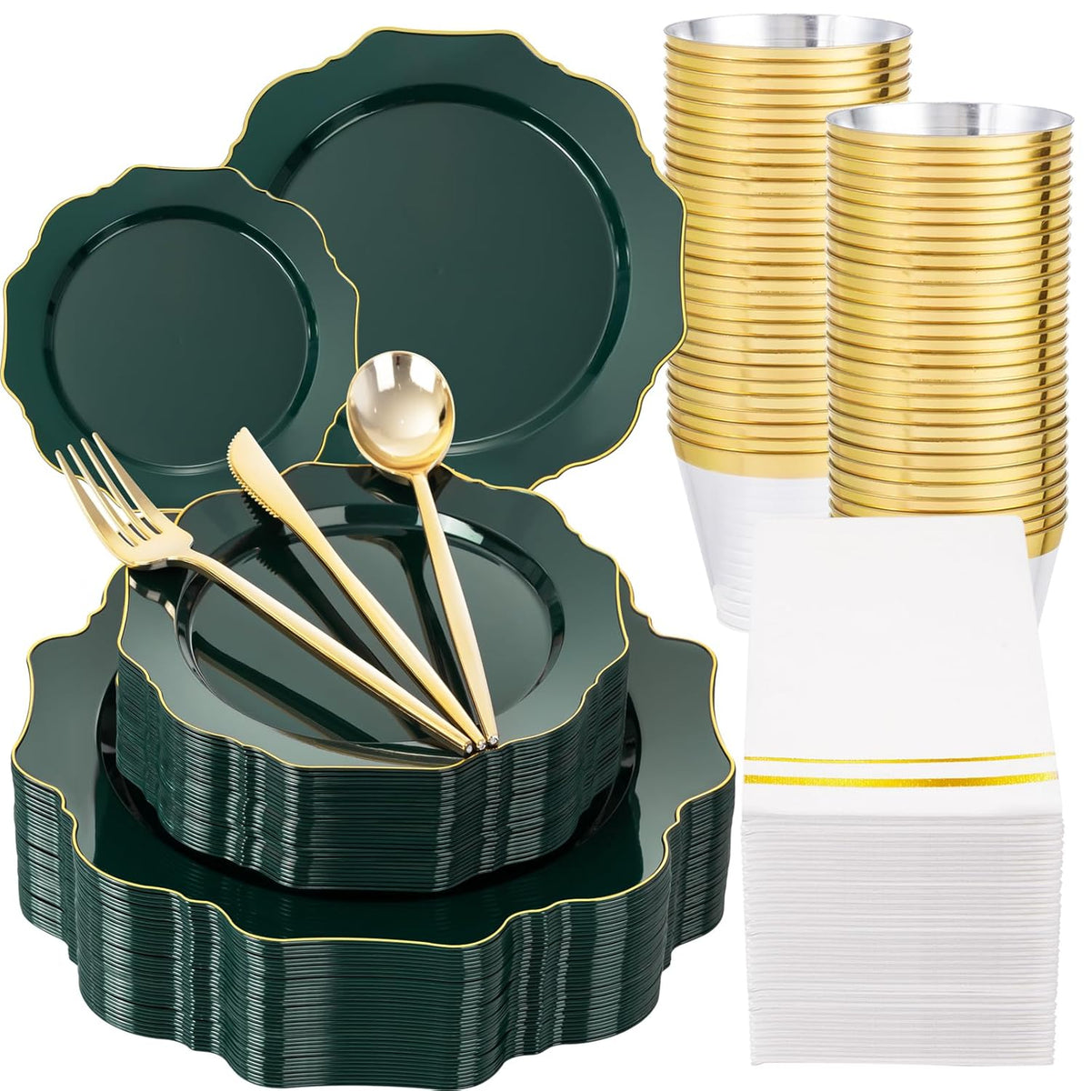 175Pcs Green Plastic Plates - Green Plates Disposable With Gold Rim - Christmas Plastic Plate - Fancy Disposable Dinnerware Sets 25 Guests Ideal For Christmas/Party/Wedding