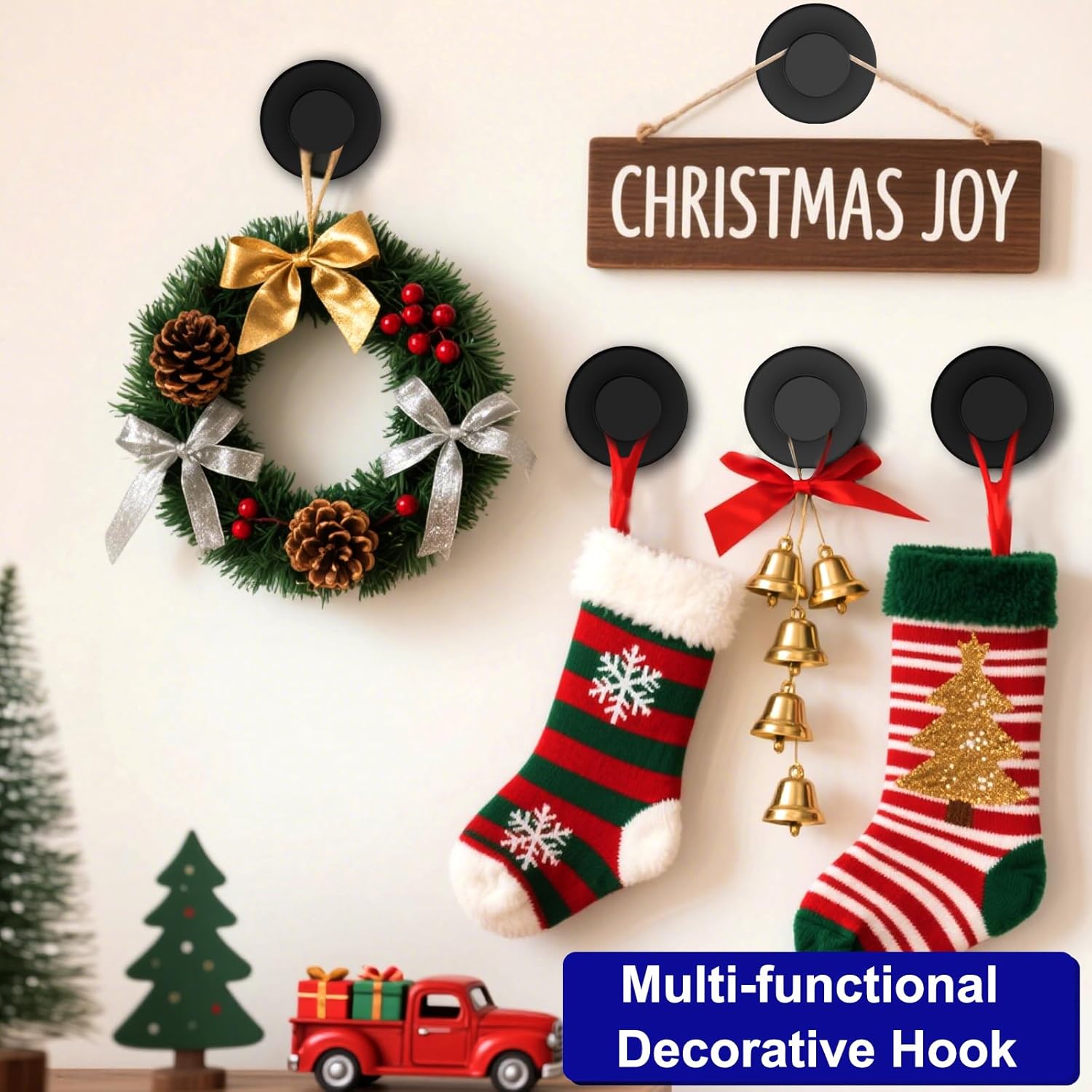 Suction Cup Hooks For Door Wreaths, Vacuum Suction Wreath Hanger For Front Door Window Glass, Bath Robe Looafh Shower Hooks For Inside Shower - 2 Pack, Black