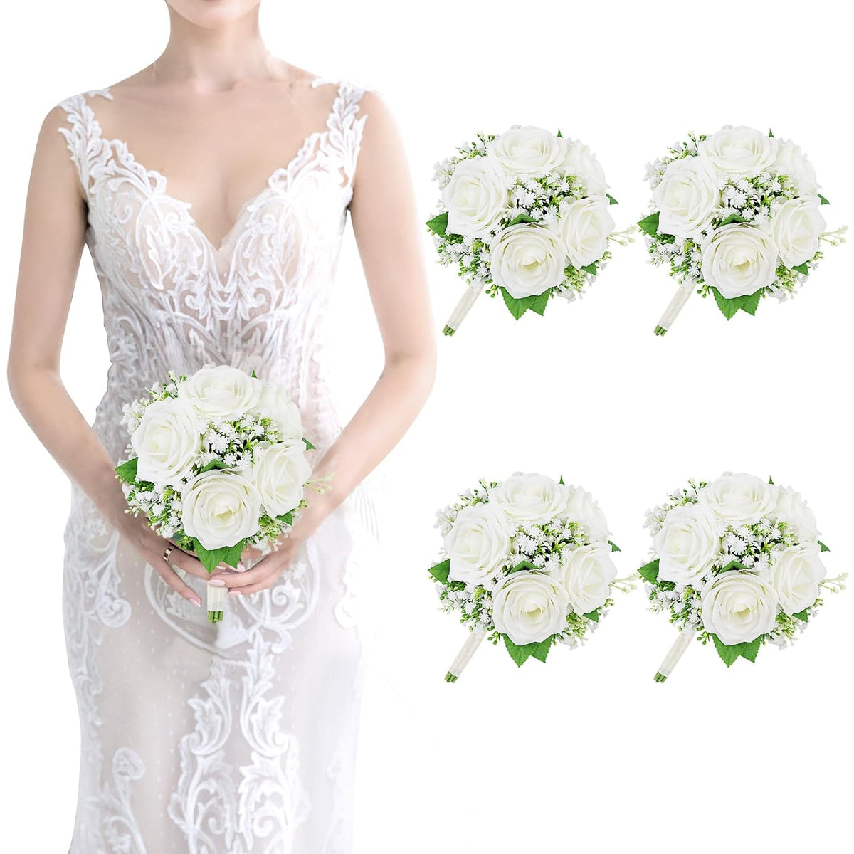 Set Of 4 Bridesmaid Bouquets For Wedding - 7 Inch Ivory White Fake Flower Bouquet For Bridesmaid, Silk Rose Artificial Babys Breath Small Bouquet Handmade For Bridal Shower Ceremony Anniversary