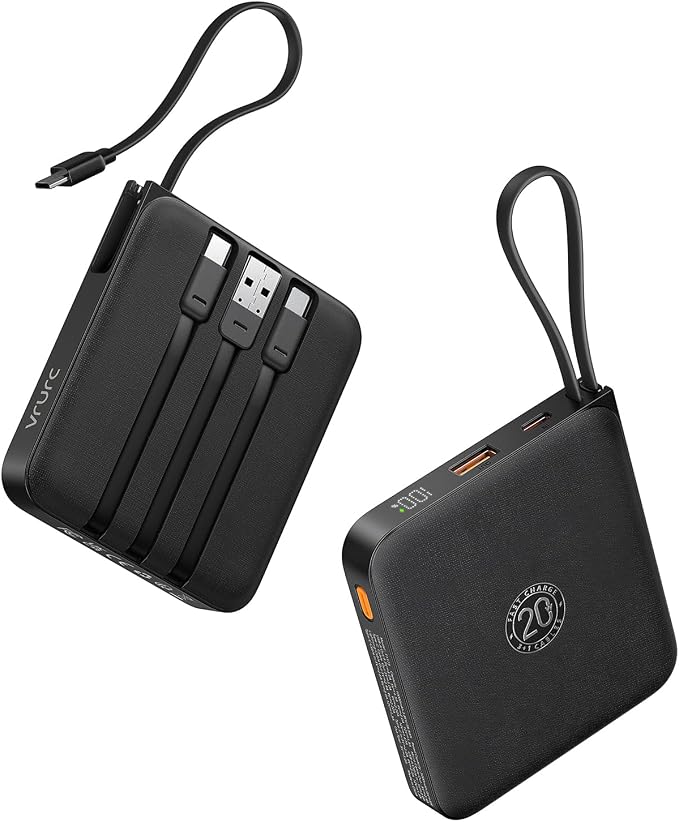 10000mAh Portable Power Bank 22.5W Fast Charging with Built In Cables LED Display Black