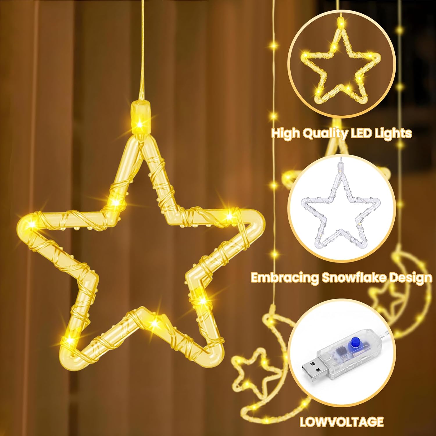 130 Led Star Moon Curtain String Lights,8 Modes Christmas Lights Decorations For Home,Hanging Moon Star Fairy String Lig