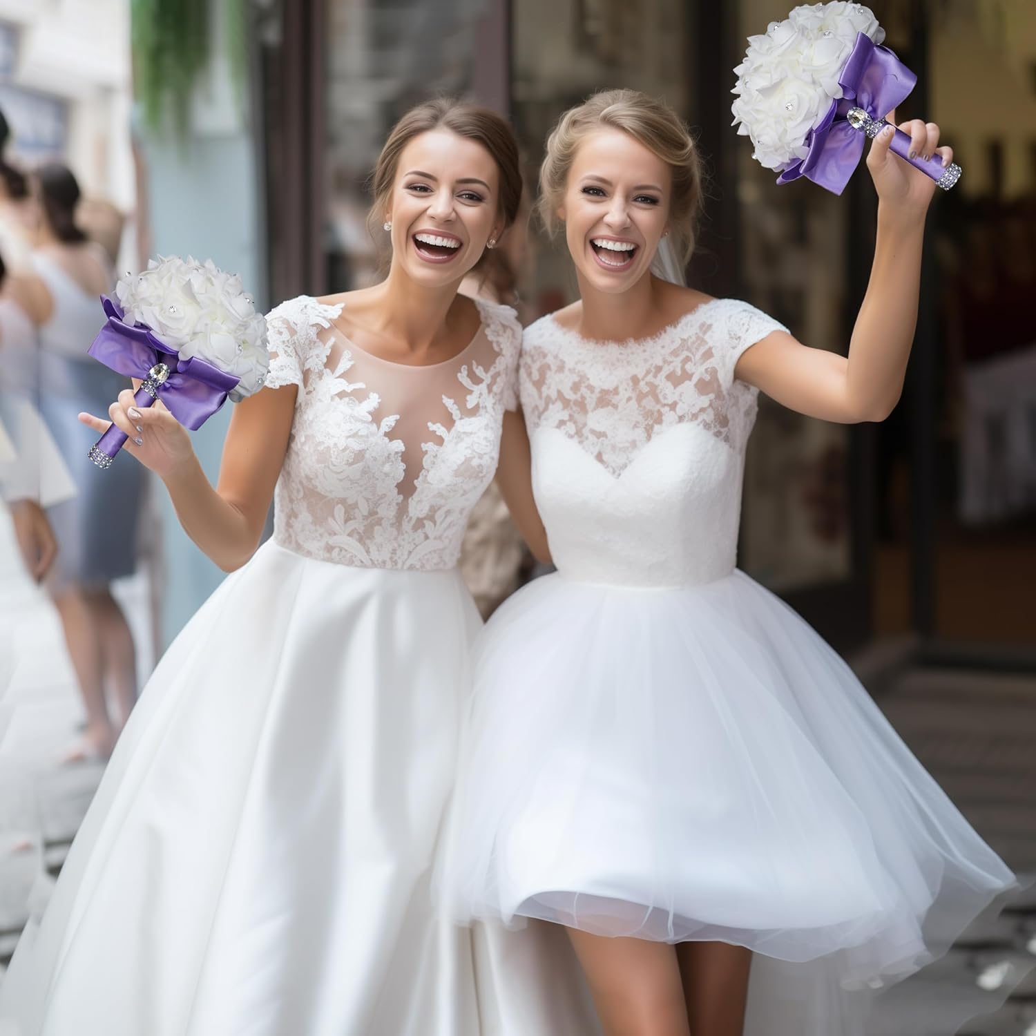 Wedding Bouquet - Crystal Diamond Silk Roses, Bride & Bridesmaid Hand Roses, Artificial Flowers For Wedding Churches & Parties (Purple)
