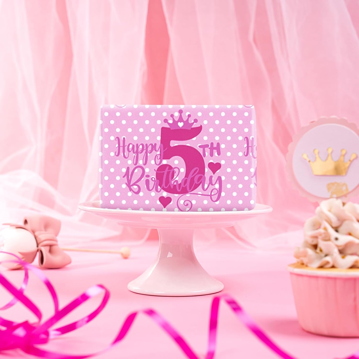 Kids 5Th Birthday Wrapping Paper, Mini Roll, Crown & Happy 5Th Dots Design, 17 Inch X 16.4 Feet, Perfect For Girls' Gifts
