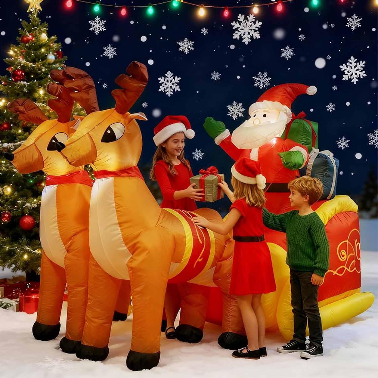 7Ft Long Christmas Inflatable Indoor Outdoor Decoration, Santa Carries Gifts On A Red Sleigh Pulled By 2 Reindeer Blow U