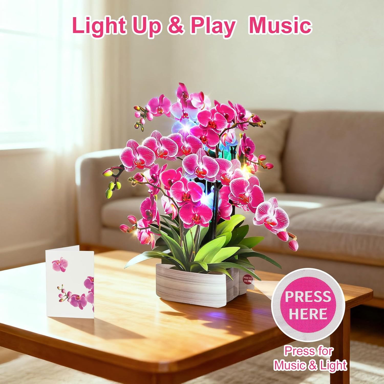 Birthday Cards, Mothers Day Cards With Light And Music, Orchid Oasis, 10 Inch Life Sized Forever Flower Bouquet, Greeting Card For Thank You Cards Get Well Soon For Her Women Wife Mom Daughter Sister (Blank Notecard & Envelope)