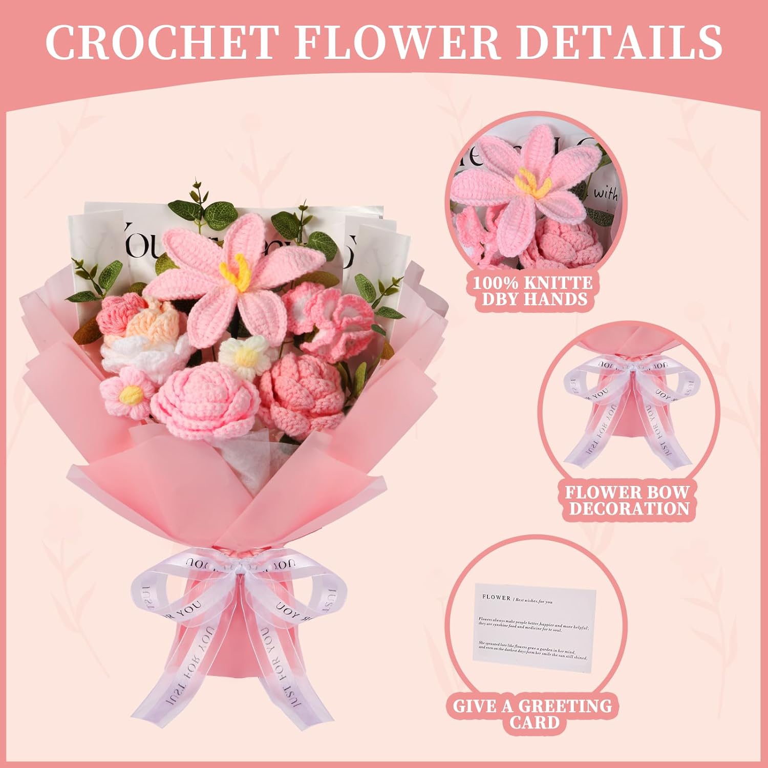 Crochet Flower Bouquet, Handmade Bouquet Of Flowers, Pink Knitted Flowers For Birthday Party Wedding Anniversary Mother'S Day Graduation Gifts(Pink)