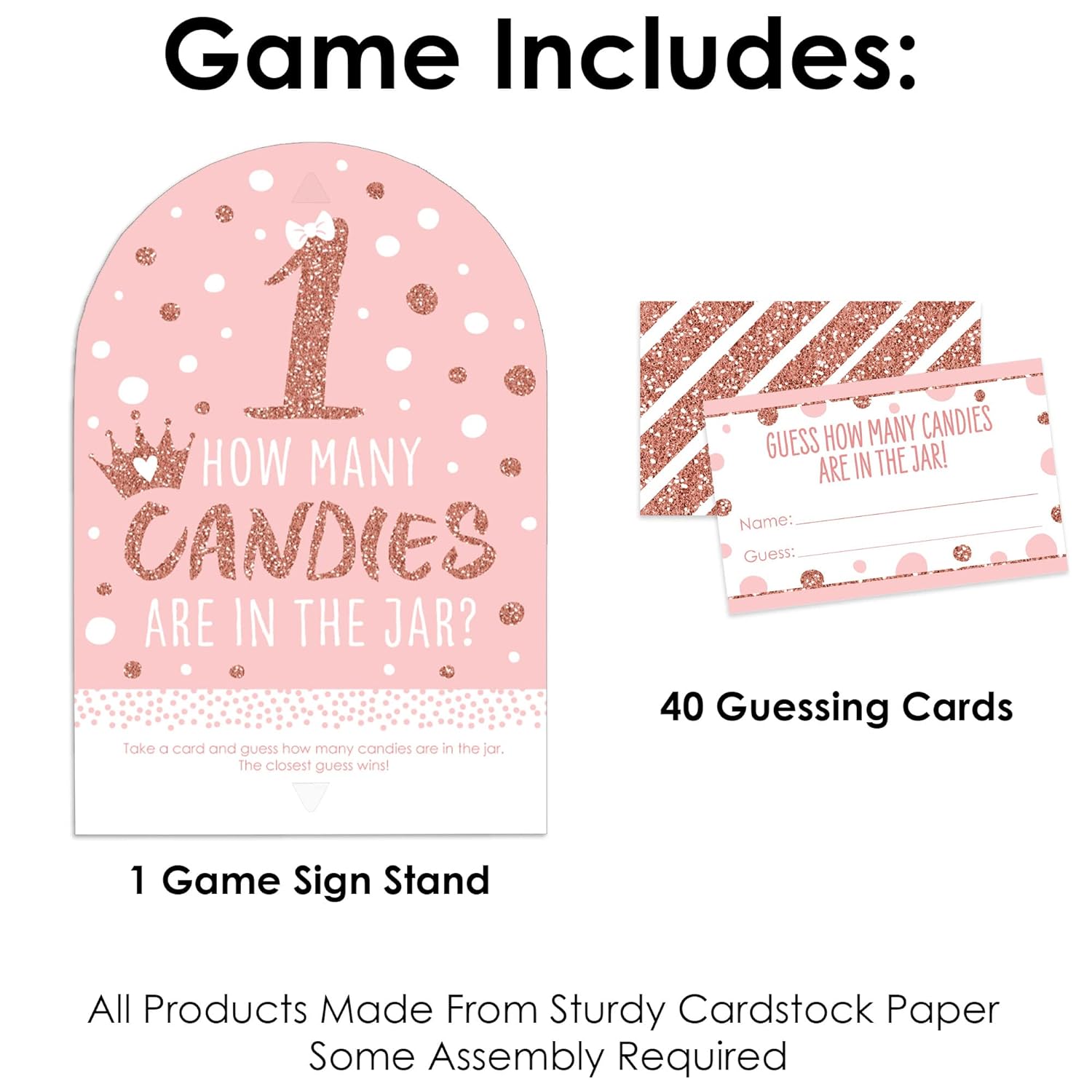 Big Dot of Happiness 1st Birthday Little Miss Onederful - How Many Candies Girl First Birthday Party Game - 1 Stand and 40 Cards - Candy Guessing Game