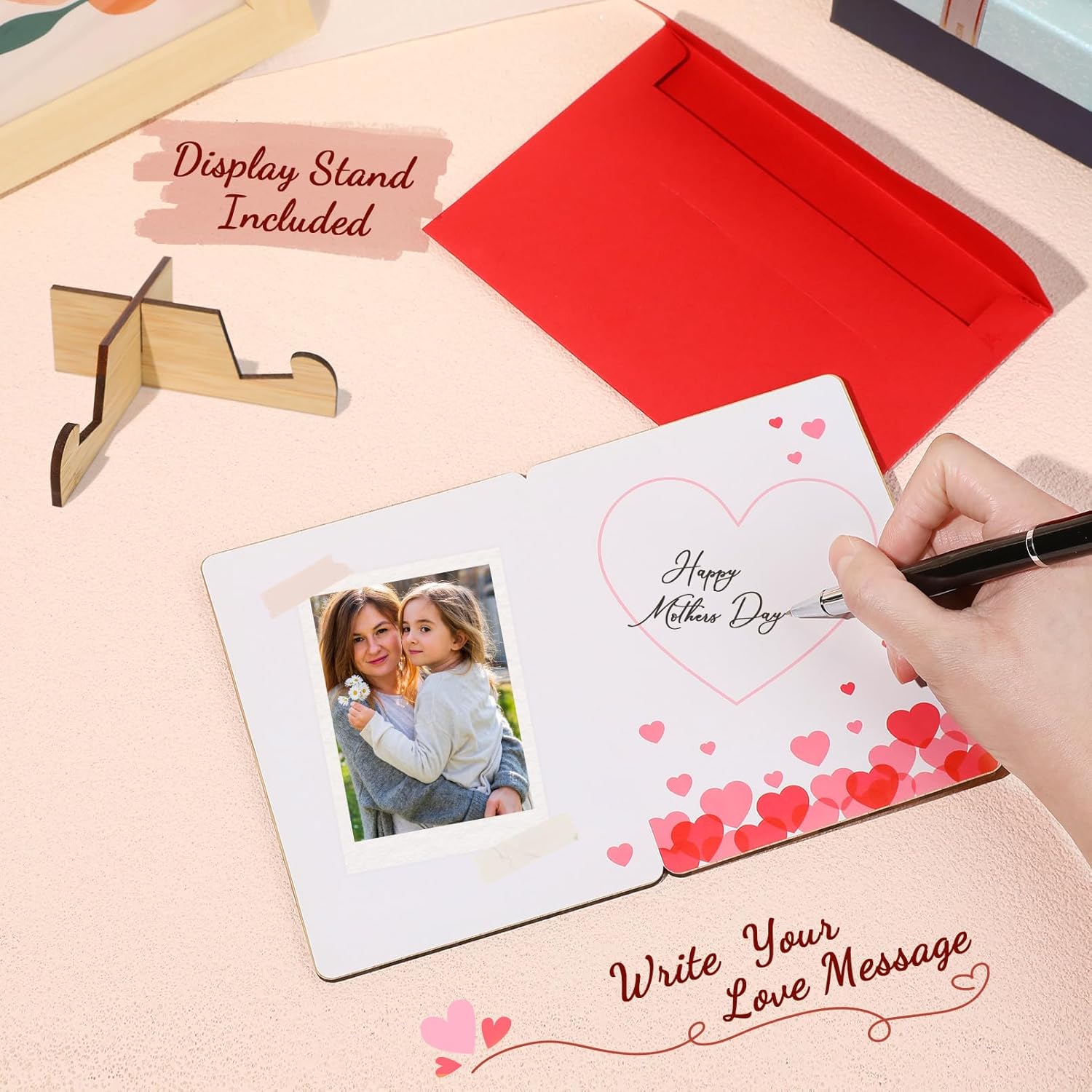 Mom Birthday Card, Mothers Day Card, Mom Gifts From Daughter Son, Handmade Wooden Greeting Card With Stand And Red Envelop