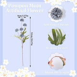 5 Pcs Pompon Mum Artificial Flowers, Dusty Blue Flowers Fake Mini Chrysanthemums Flowers With Stems For Wedding Diy Bouquet Table Centerpieces Floral Arrangements