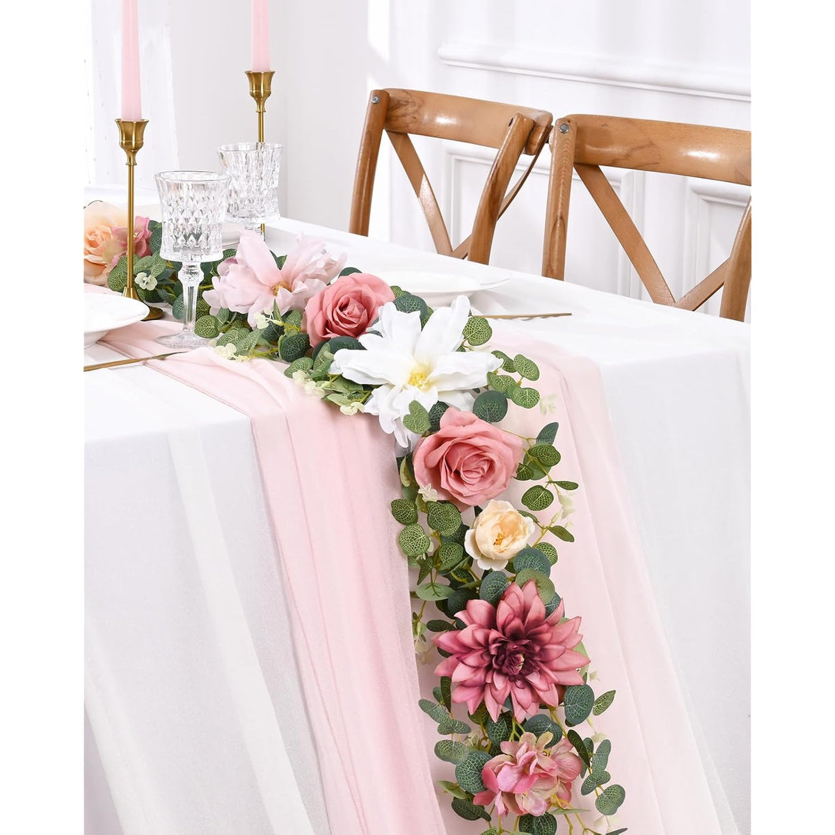 Flower Garland Decorations, 6.07Ft Pink Floral Rose Garland, Artificial Eucalyptus Greenery Vines With Flowers For Wedding Table Runner Centerpieces Backdrop Room Decor (Pink)
