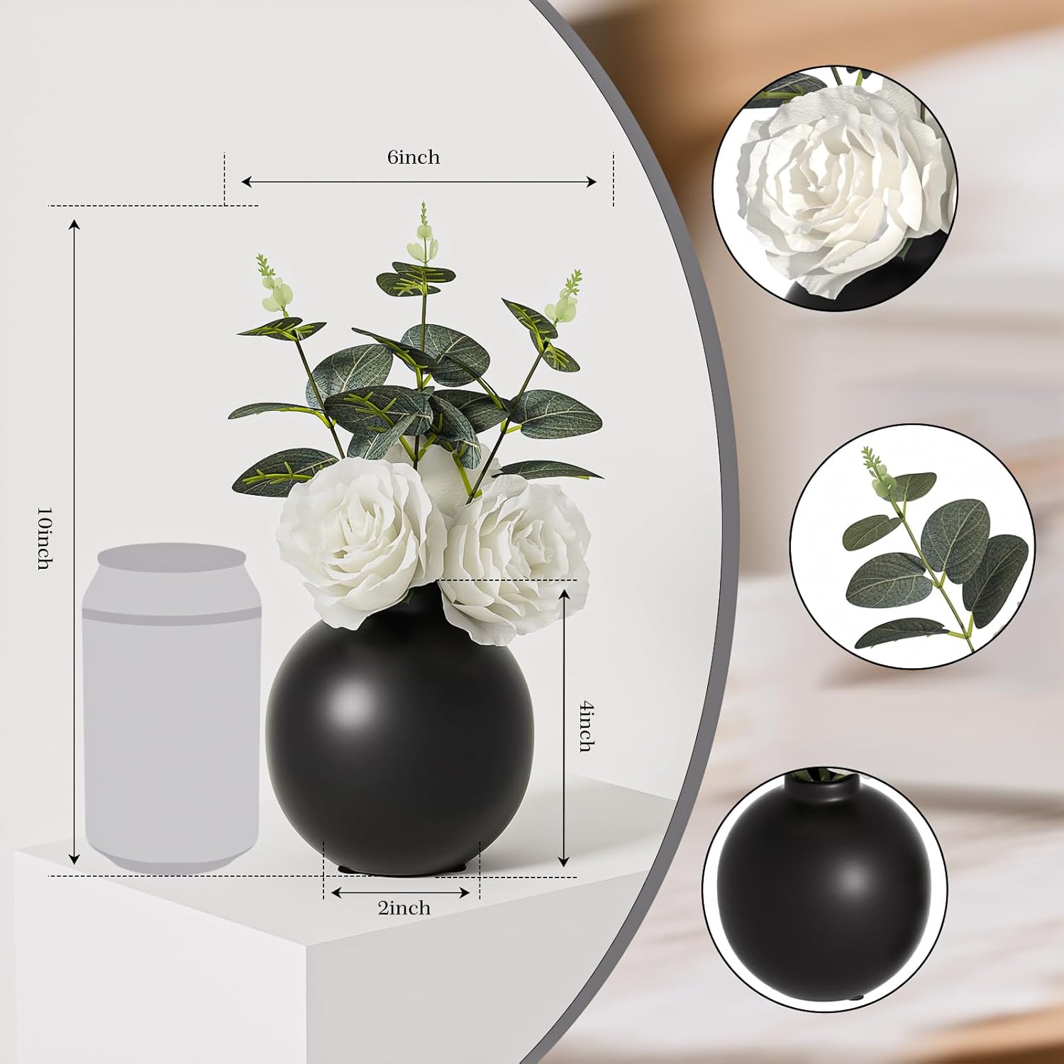 Artificial Flowers With Ceramic Vase, 2 Pcs Fake Plants Combination Of Six White Roses And Greenery, Small Plant Potted For Offices, Indoor, Bookshelf, Bedroom, Living Room, Wedding Decorations