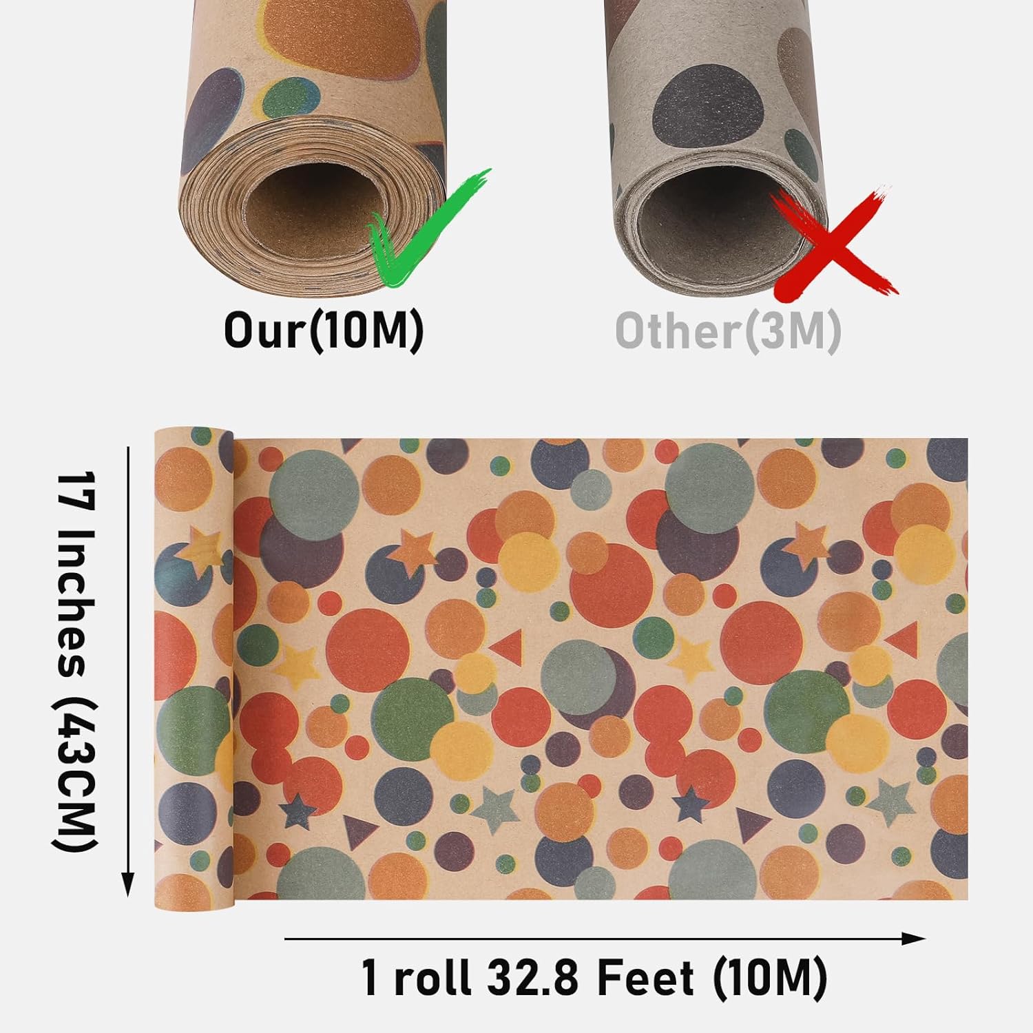 Birthday Wrapping Paper,Gift Wrapping Paper Roll,Kraft Wrapping Paper-17 Inch X 32.8 Feet Per Roll,Colorful Dots Pattern For Boys Girls, Perfect For Birthday Party, Baby Shower