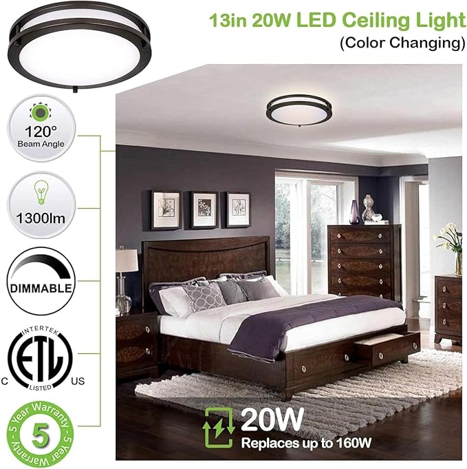 2 Pack 13 Inch Oil Rubbed Bronze LED Ceiling Lights 5CCT Dimmable Flush Mount Fixtures