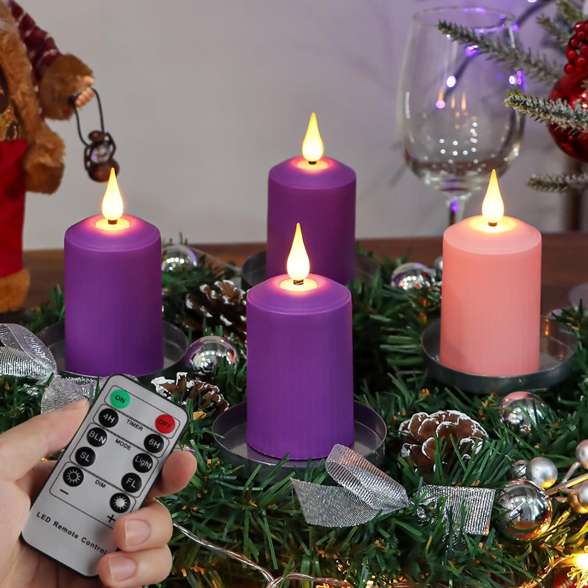 Flameless Advent Candles Purple And Pink, 4 Inch Battery Operated Led Advent Pillar Candles With Remote Timer, 350+ Hours Long Lasting Candles For Christmas Advent Rituals And Wreath,Set Of 4