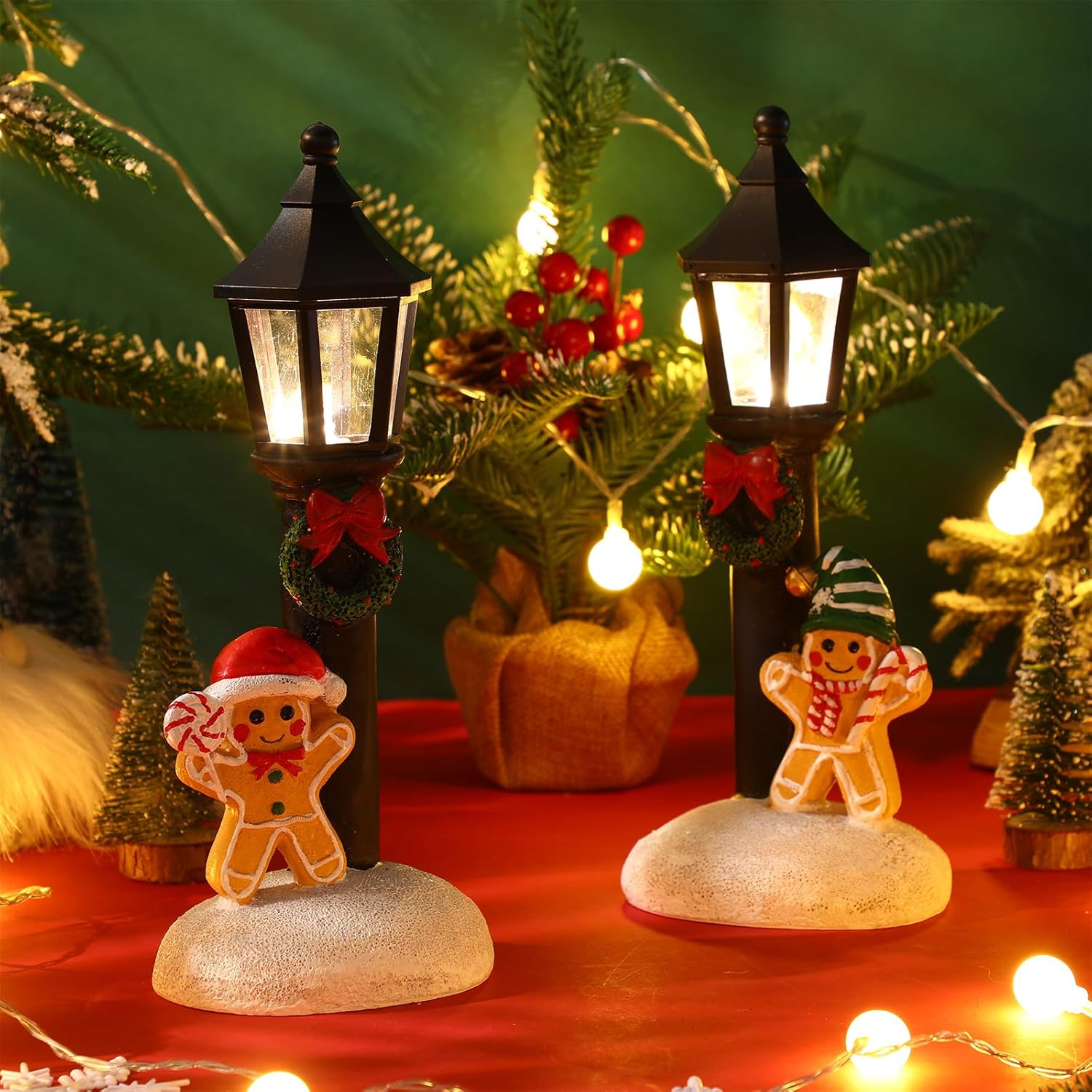 2 Pcs Christmas Lighted Table Decor 10" Resin Figurine Table Centerpiece With Light Up Streetlights Battery Operated Xmas Mini Street Statue Glow For Home Fireplace Shelf(Black Streetlight)
